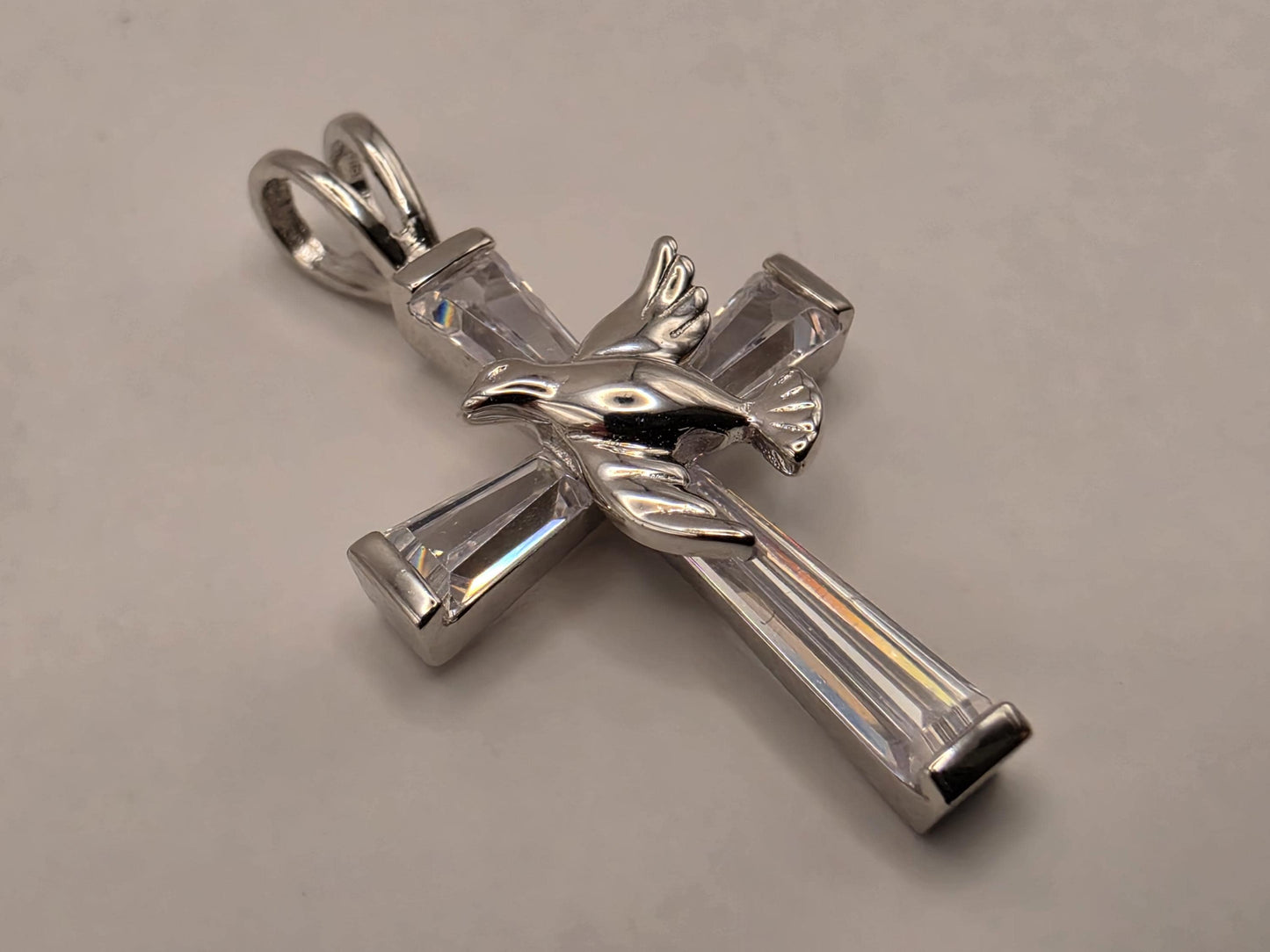 Sterling Silver CZ Cross Pendant with Dove 1 Inch - view 2