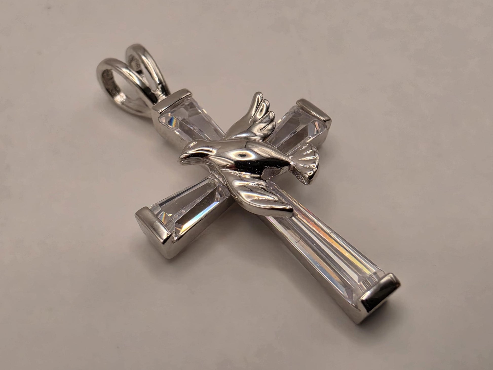 Sterling Silver CZ Cross Pendant with Dove 1 Inch - view 2