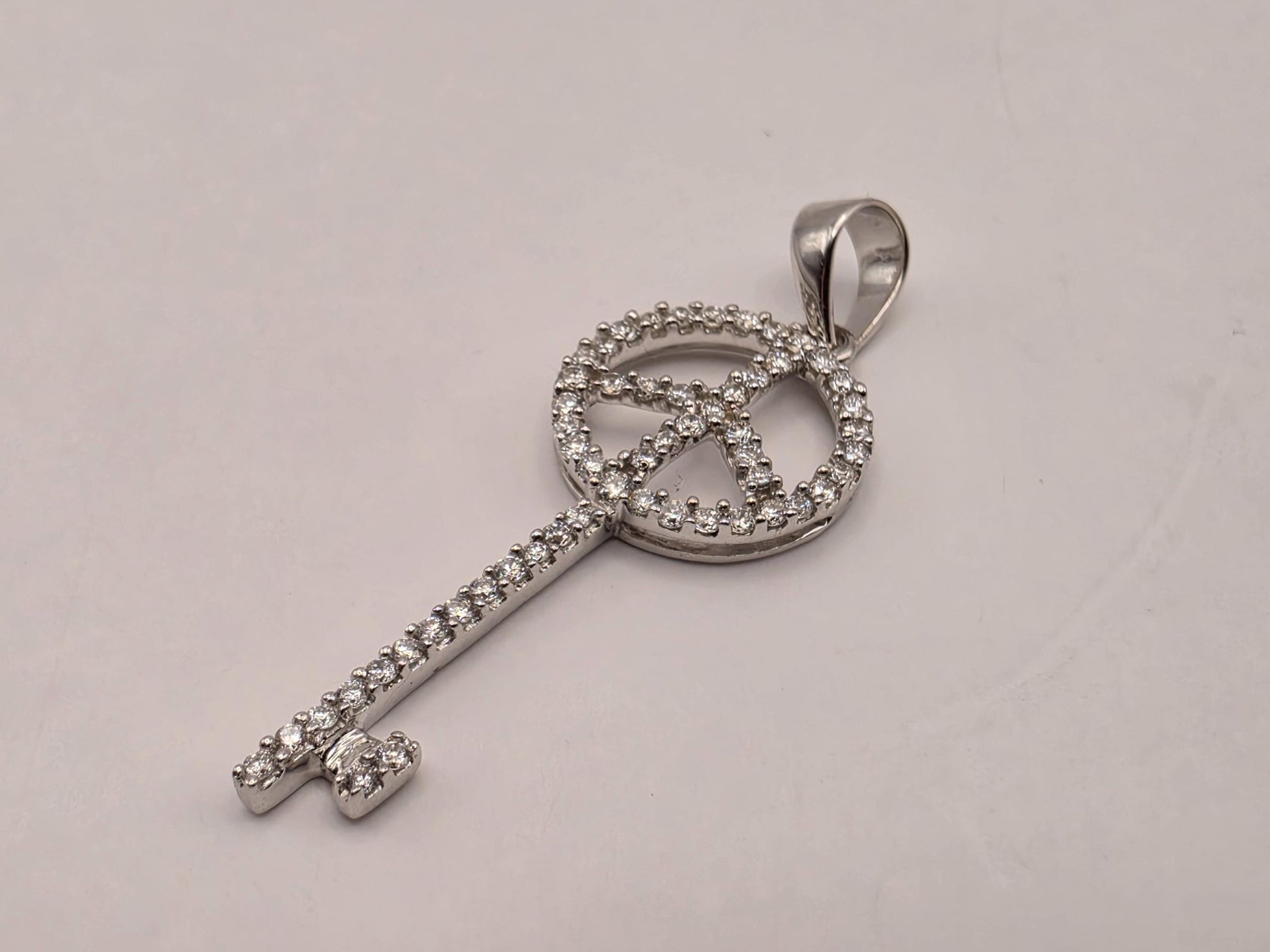 14K White Gold Diamond Peace Sign Key Pendant 25.4mm Fine Jewelry Charm