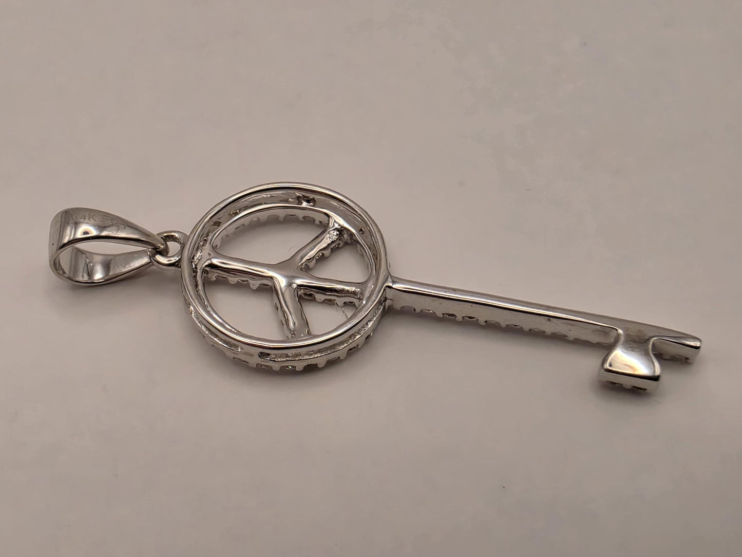 14K White Gold Diamond Peace Sign Key Pendant 25.4mm Fine Jewelry Charm