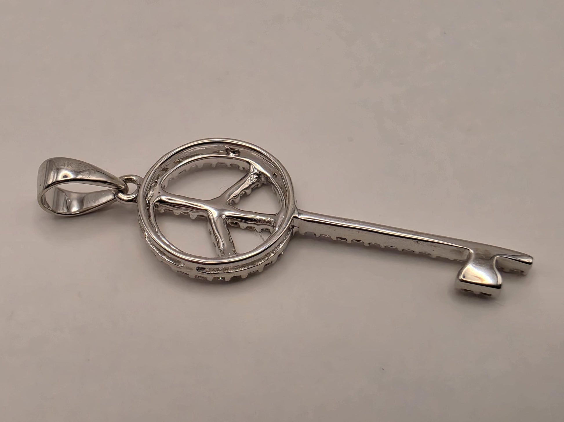 14K White Gold Diamond Peace Sign Key Pendant 25.4mm Fine Jewelry Charm