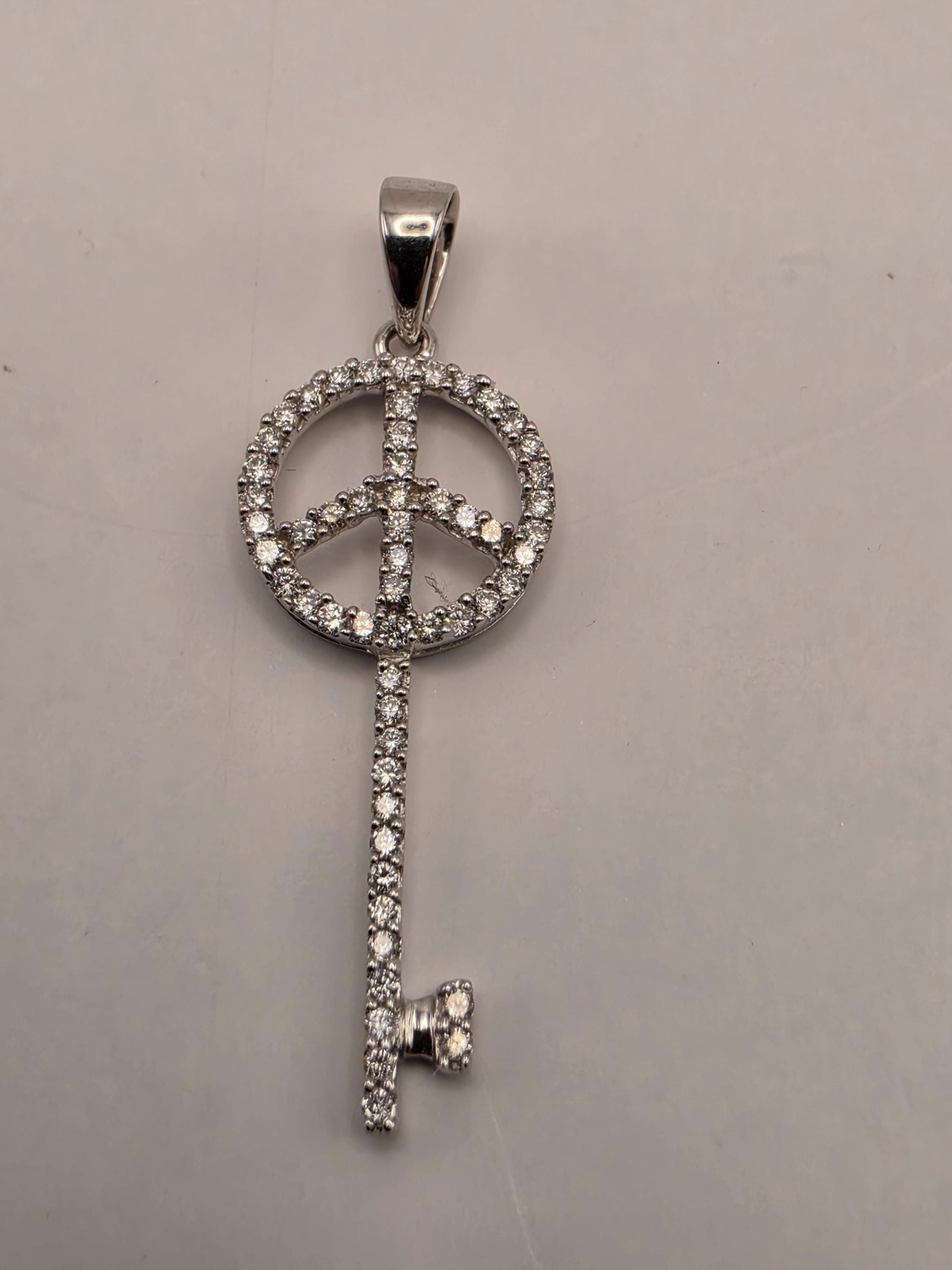 14K White Gold Diamond Peace Sign Key Pendant 25.4mm Fine Jewelry Charm