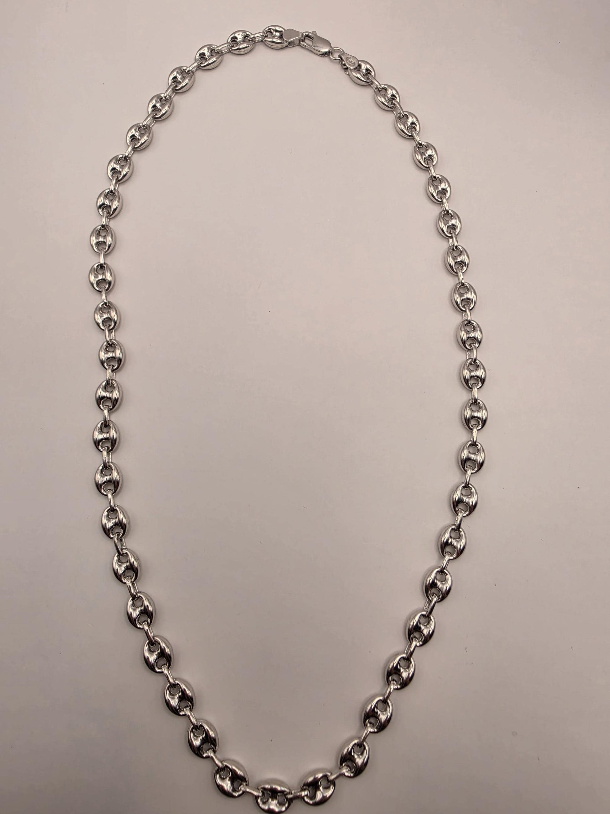 Sterling Silver Mariner Chain Necklace 22 Inch 8mm Coffee Bean Link 28.6 Grams Nautical Unisex Statement Jewelry Gift
