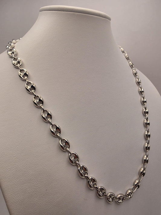 Sterling Silver Mariner Chain Necklace 22 Inch 8mm Coffee Bean Link 28.6 Grams Nautical Unisex Statement Jewelry Gift
