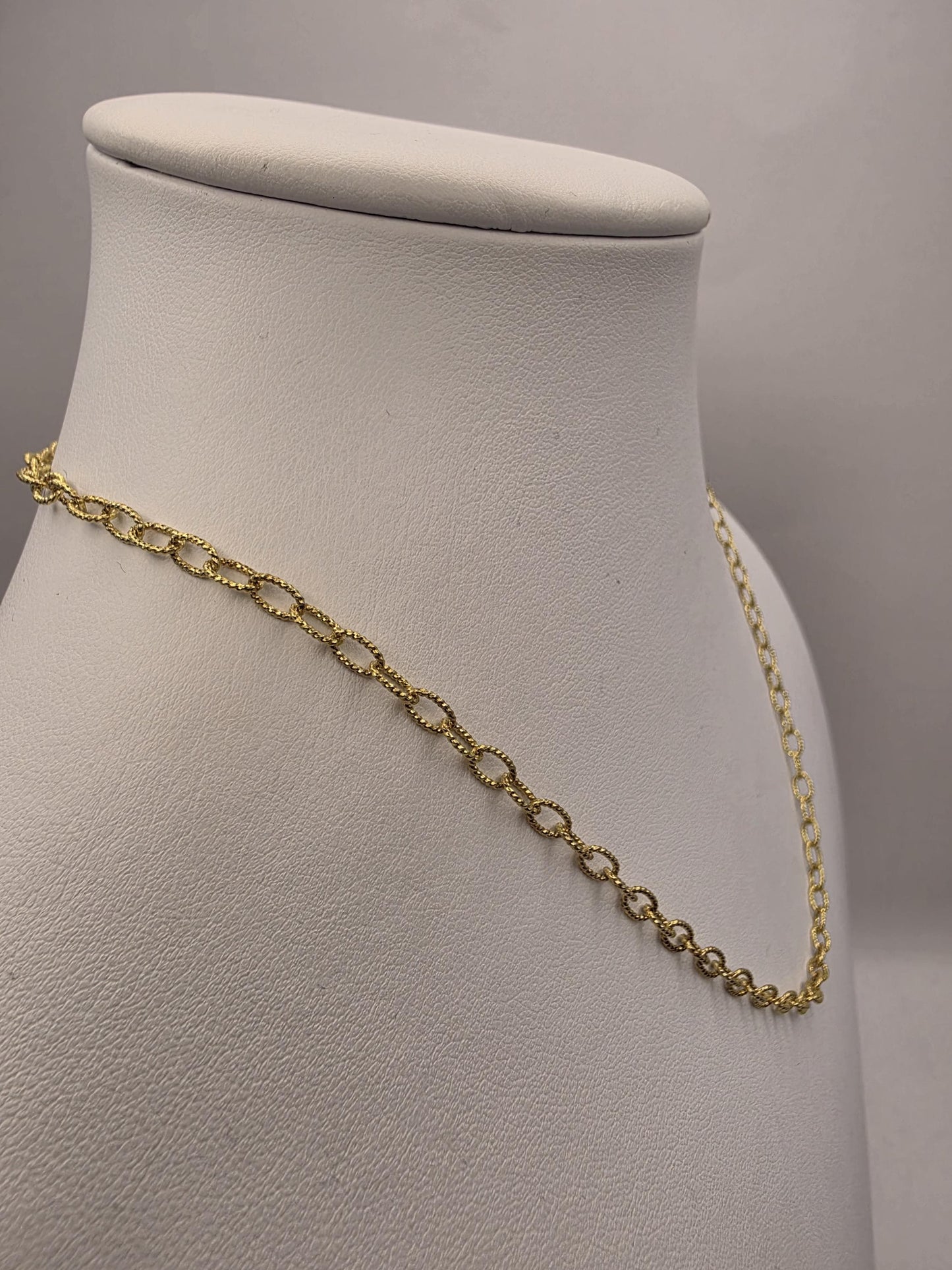 Gold Plated Sterling Silver Textured Oval Link Necklace 18 Inch 3.7mm 5.8 Grams Delicate Unisex Layering Jewelry