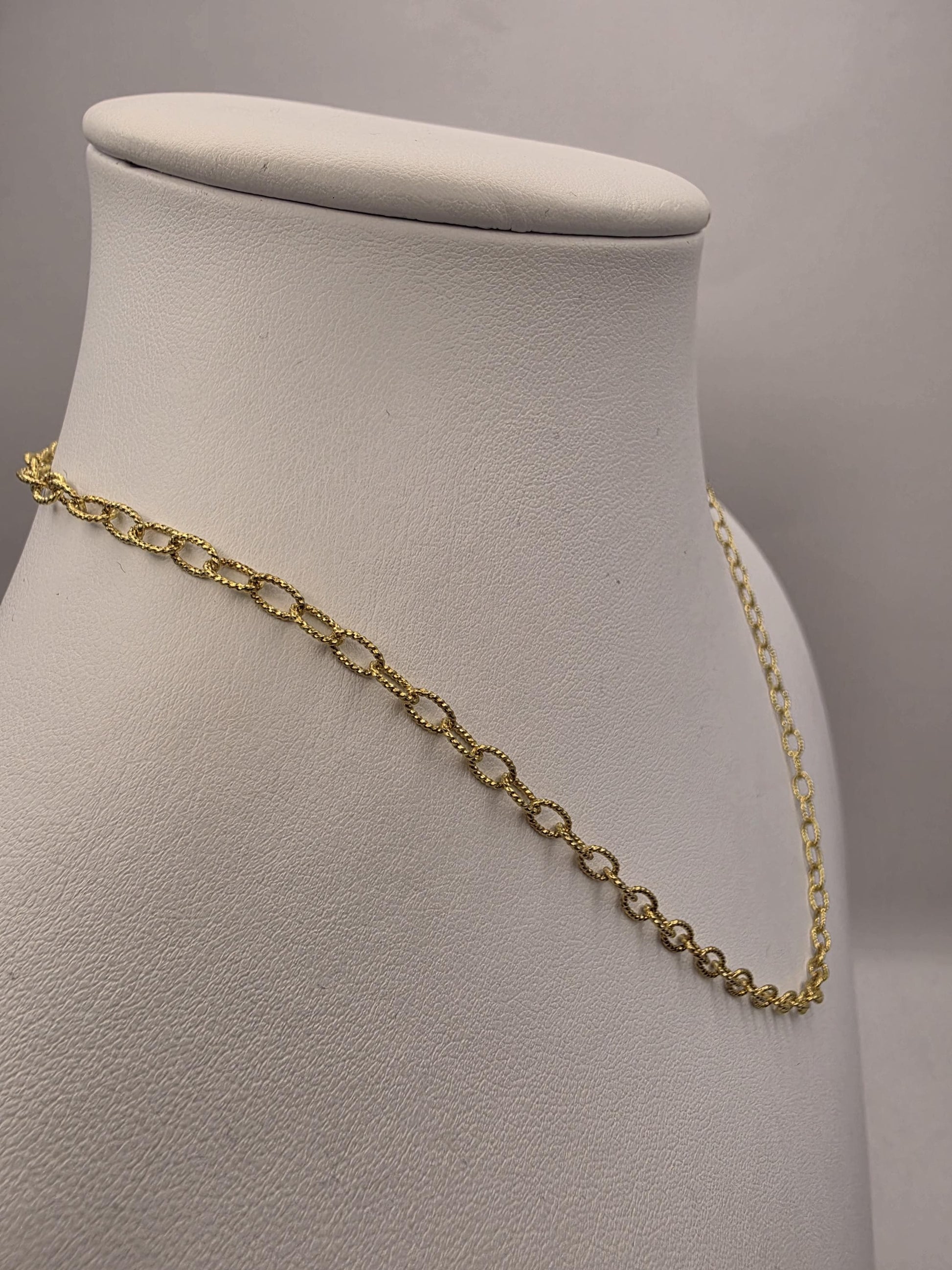 Gold Plated Sterling Silver Textured Oval Link Necklace 18 Inch 3.7mm 5.8 Grams Delicate Unisex Layering Jewelry