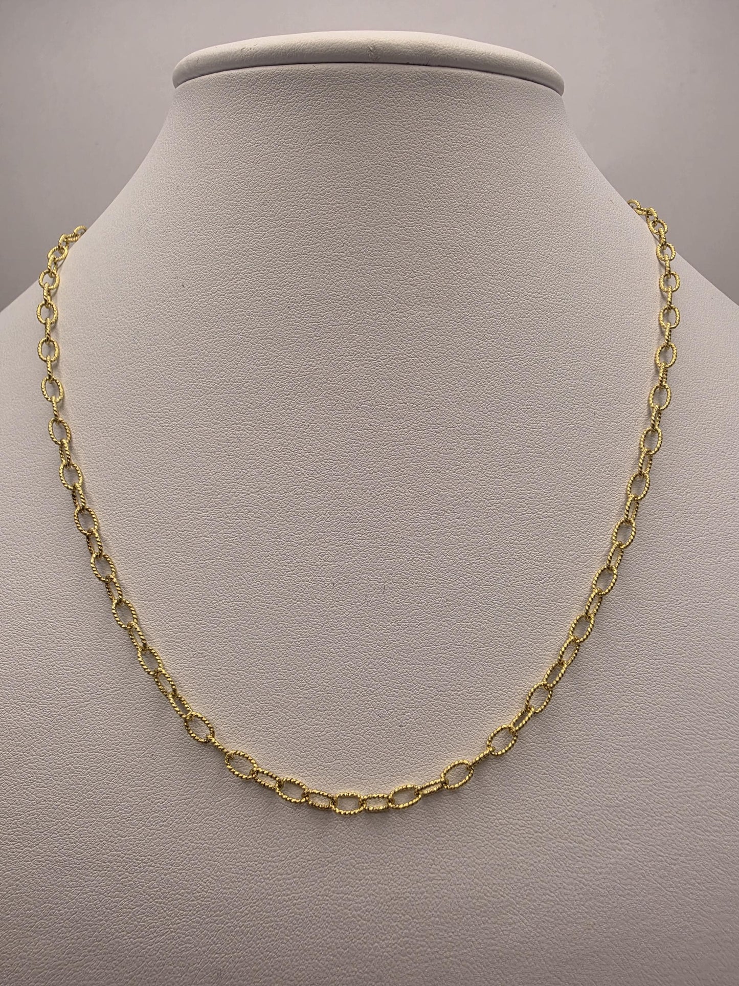 Gold Plated Sterling Silver Textured Oval Link Necklace 18 Inch 3.7mm 5.8 Grams Delicate Unisex Layering Jewelry