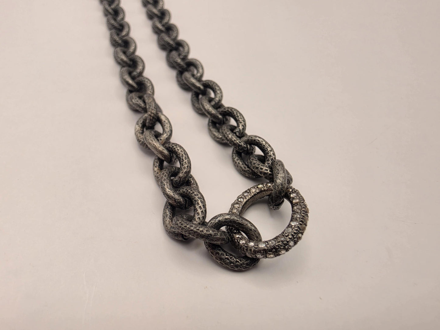 Sterling Silver Textured Link Chain Necklace Black Gunmetal Finish 21 Inch 7.5mm 50.3 Grams CZ Center Ring Statement