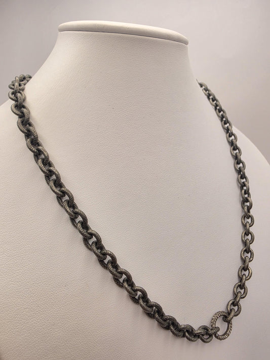 Sterling Silver Textured Link Chain Necklace Black Gunmetal Finish 21 Inch 7.5mm 50.3 Grams CZ Center Ring Statement