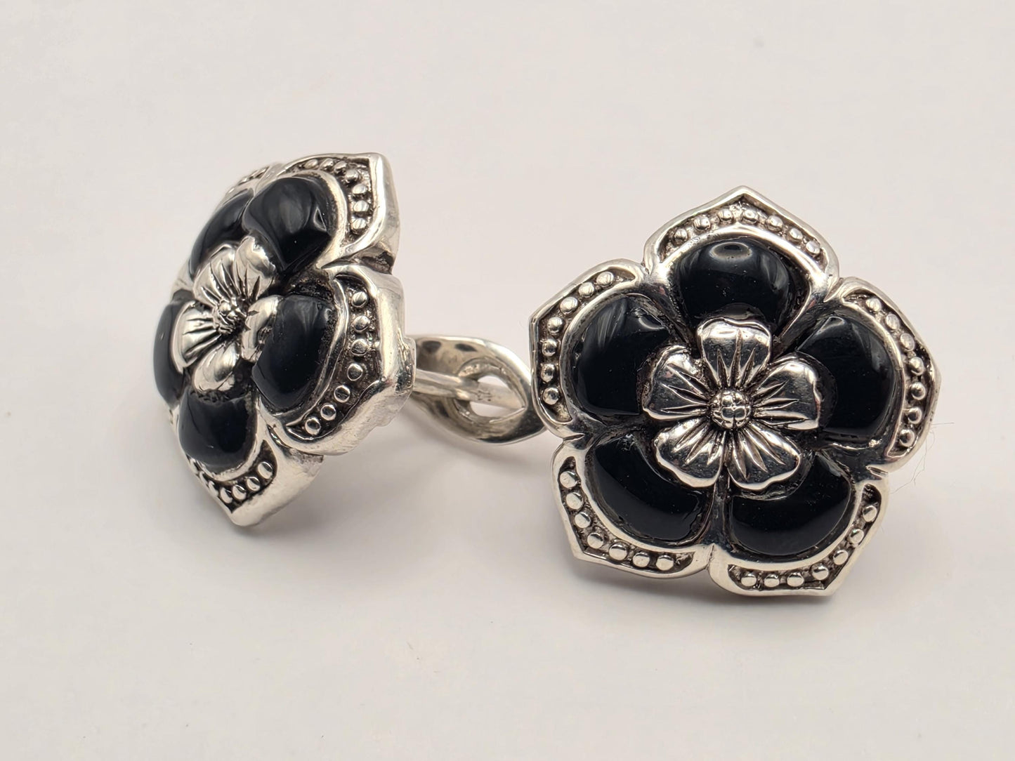 Genuine Black Onyx Flower Earrings 925 Sterling Silver 18mm 9 Grams Omega Back Floral Statement Jewelry Gift for Her