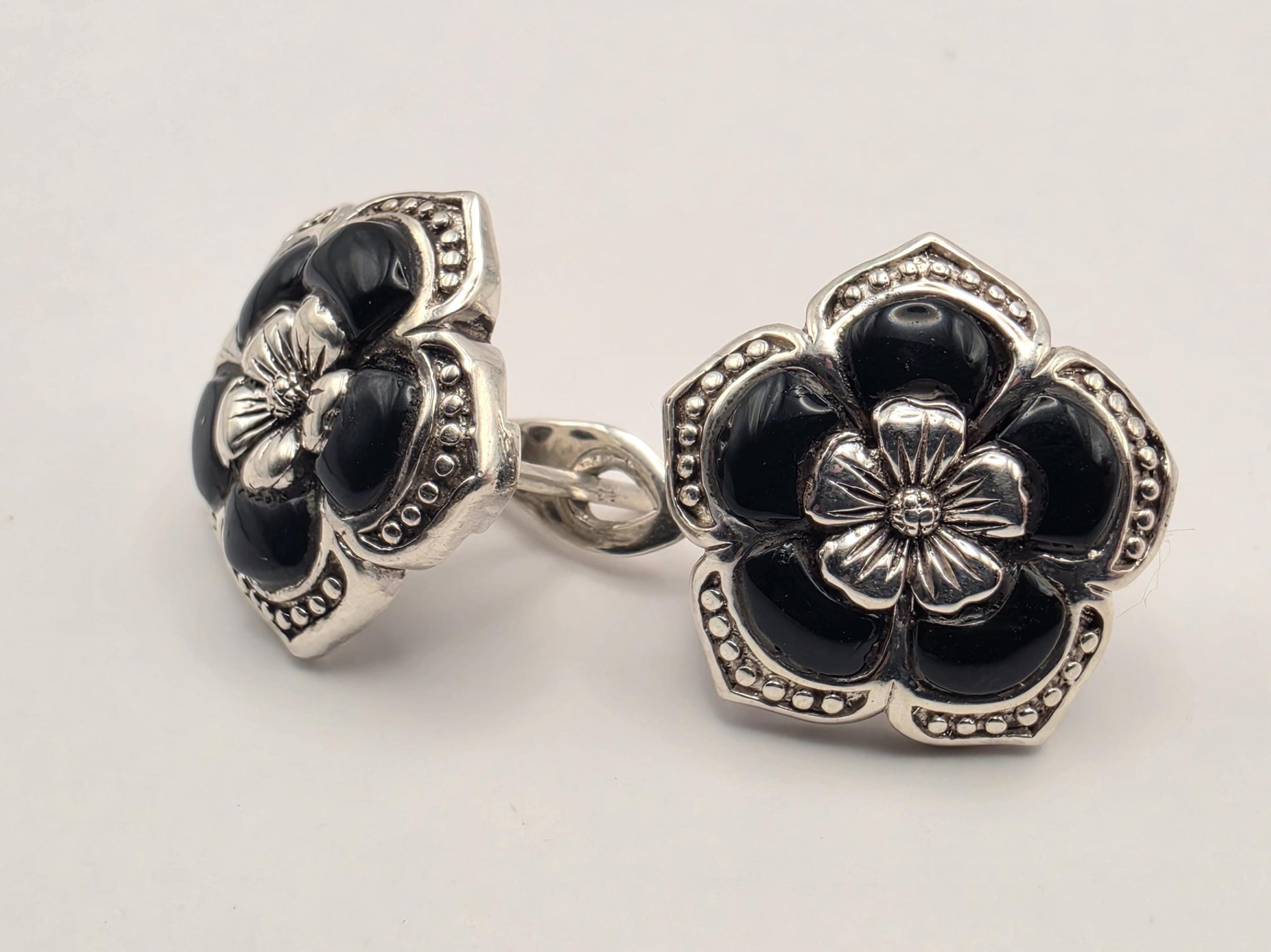 Genuine Black Onyx Flower Earrings 925 Sterling Silver 18mm 9 Grams Omega Back Floral Statement Jewelry Gift for Her
