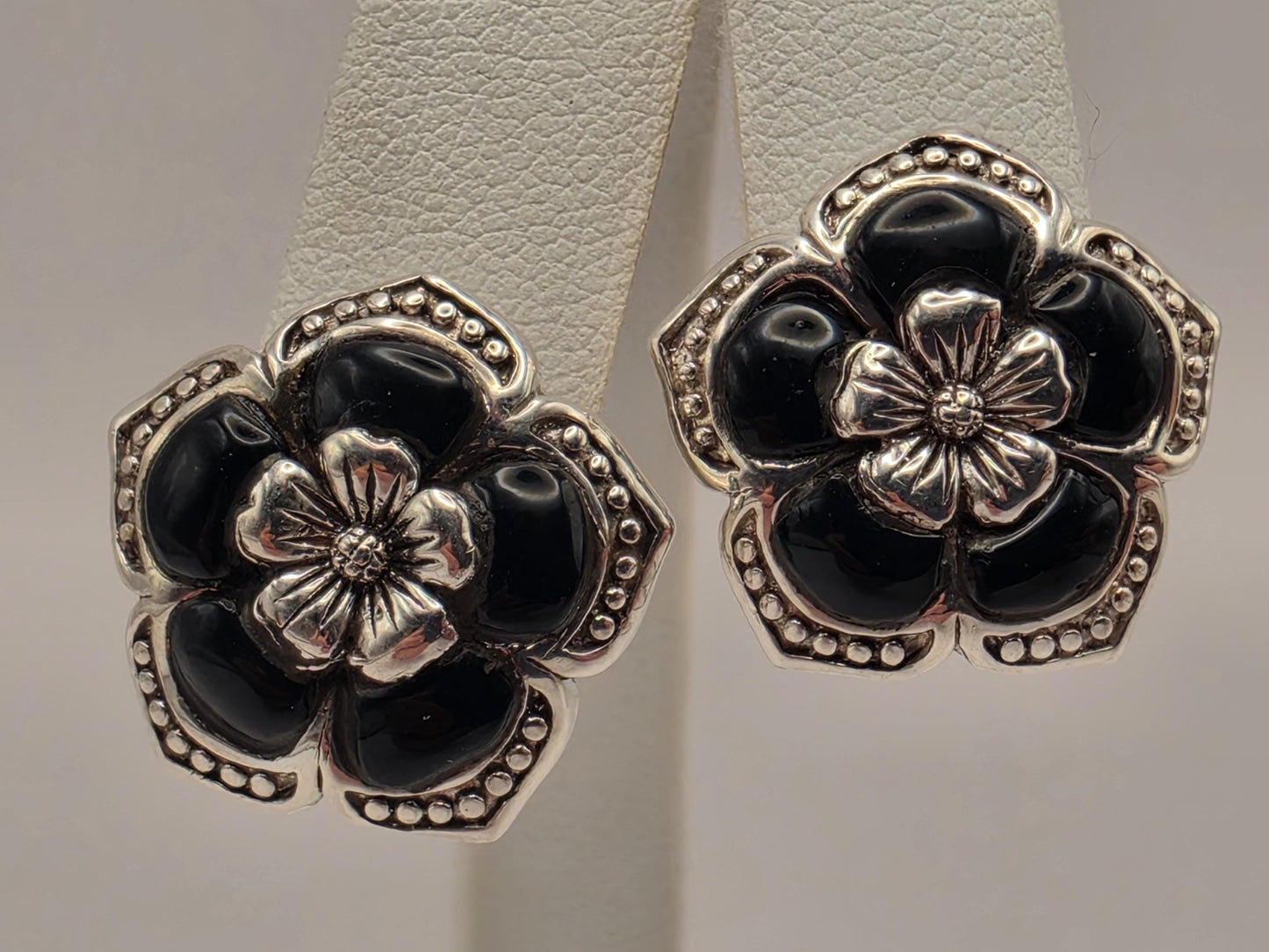 Genuine Black Onyx Flower Earrings 925 Sterling Silver 18mm 9 Grams Omega Back Floral Statement Jewelry Gift for Her
