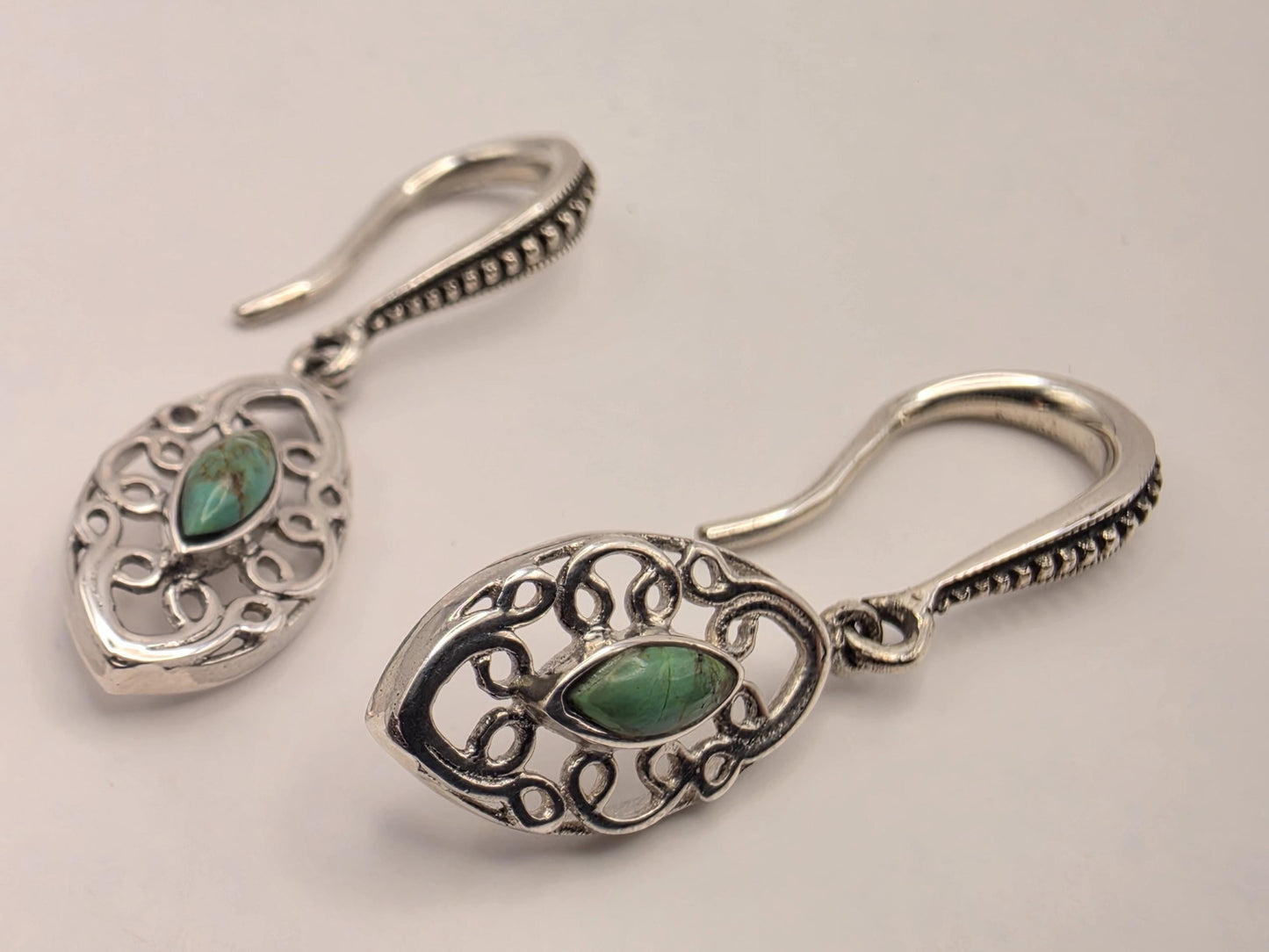 Genuine Turquoise Filigree Drop Earrings 925 Sterling Silver 32mm Marquise Dangle Lightweight Southwest Gift for Her