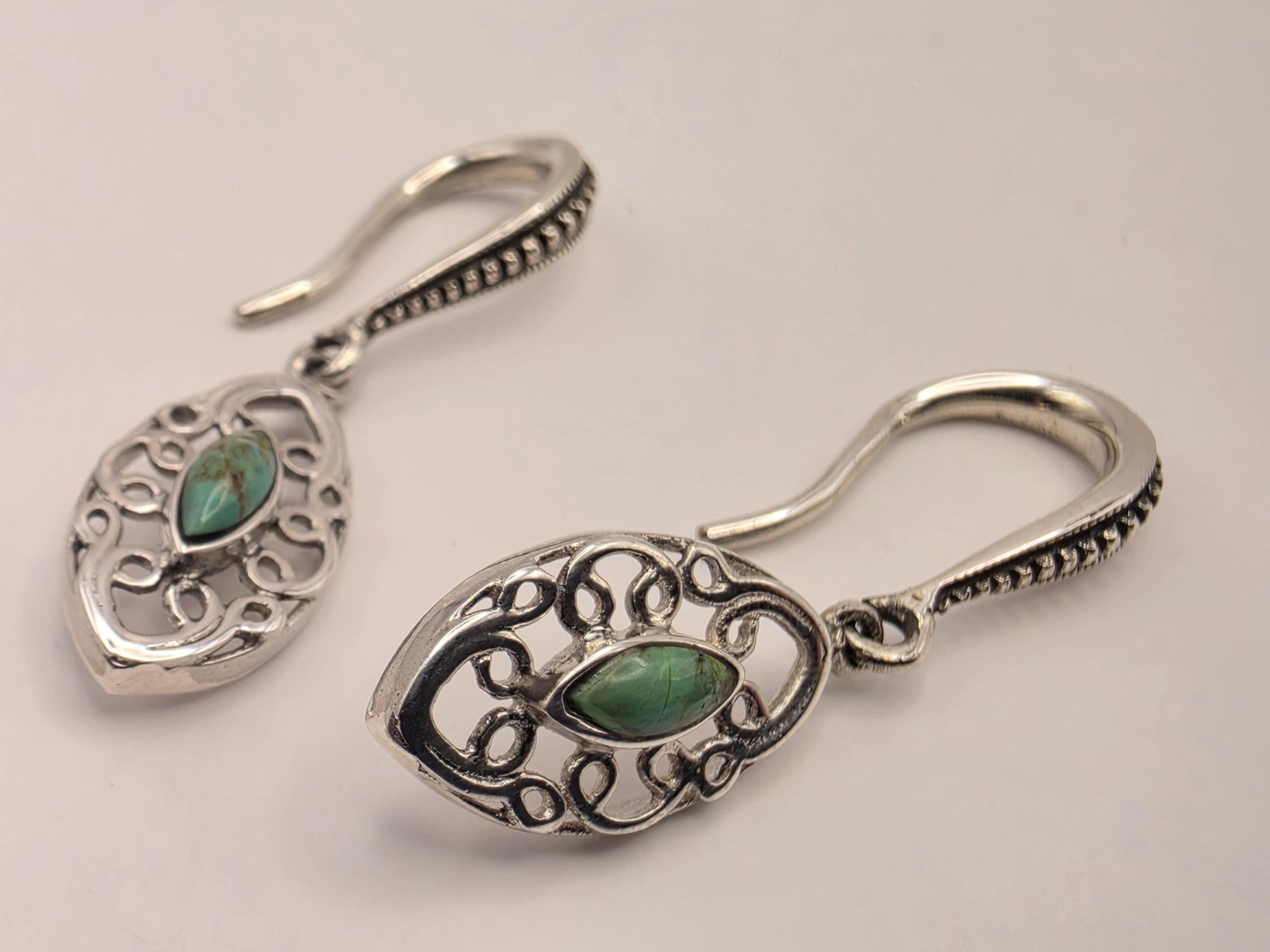 Genuine Turquoise Filigree Drop Earrings 925 Sterling Silver 32mm Marquise Dangle Lightweight Southwest Gift for Her