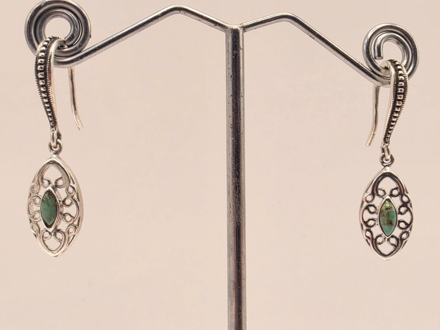 Genuine Turquoise Filigree Drop Earrings 925 Sterling Silver 32mm Marquise Dangle Lightweight Southwest Gift for Her