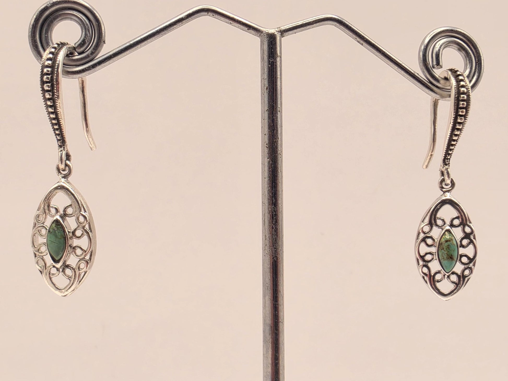 Genuine Turquoise Filigree Drop Earrings 925 Sterling Silver 32mm Marquise Dangle Lightweight Southwest Gift for Her