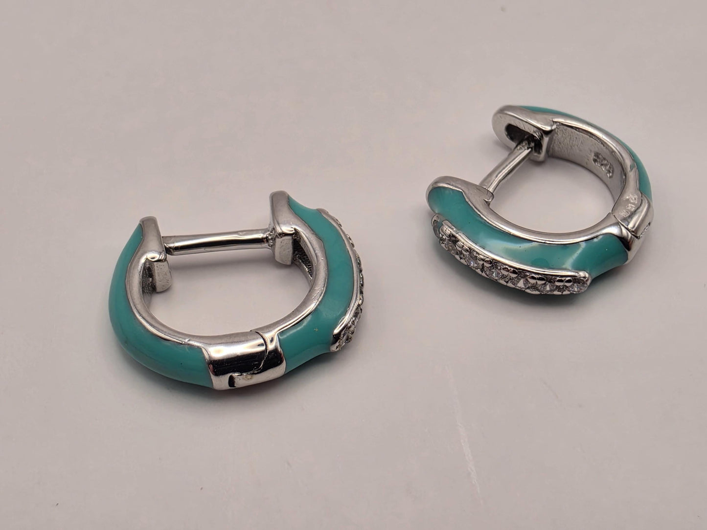 Turquoise Enamel CZ Huggie Hoop Earrings 925 Sterling Silver 13mm Small Colorful Sparkle Gift for Her