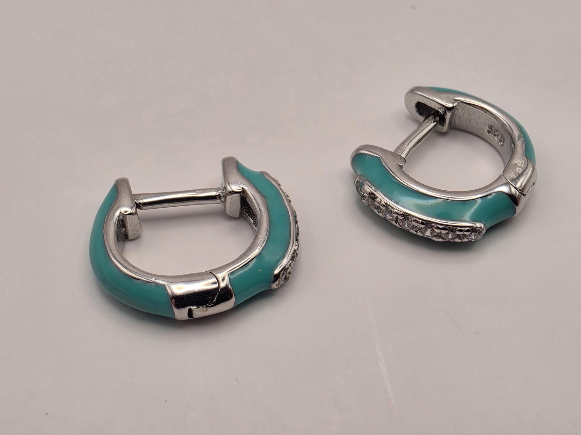 Turquoise Enamel CZ Huggie Hoop Earrings 925 Sterling Silver 13mm Small Colorful Sparkle Gift for Her