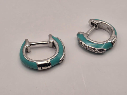 Turquoise Enamel CZ Huggie Hoop Earrings 925 Sterling Silver 13mm Small Colorful Sparkle Gift for Her