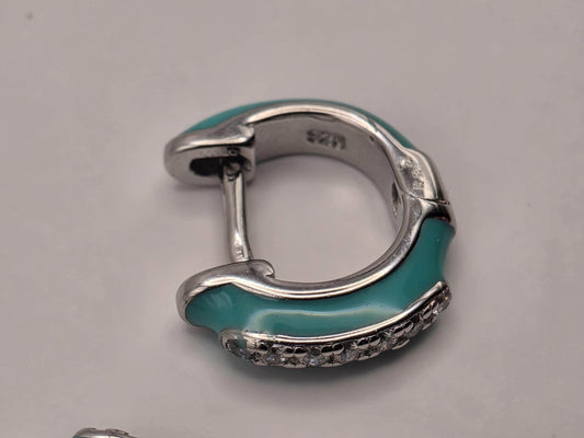 Turquoise Enamel CZ Huggie Hoop Earrings 925 Sterling Silver 13mm Small Colorful Sparkle Gift for Her