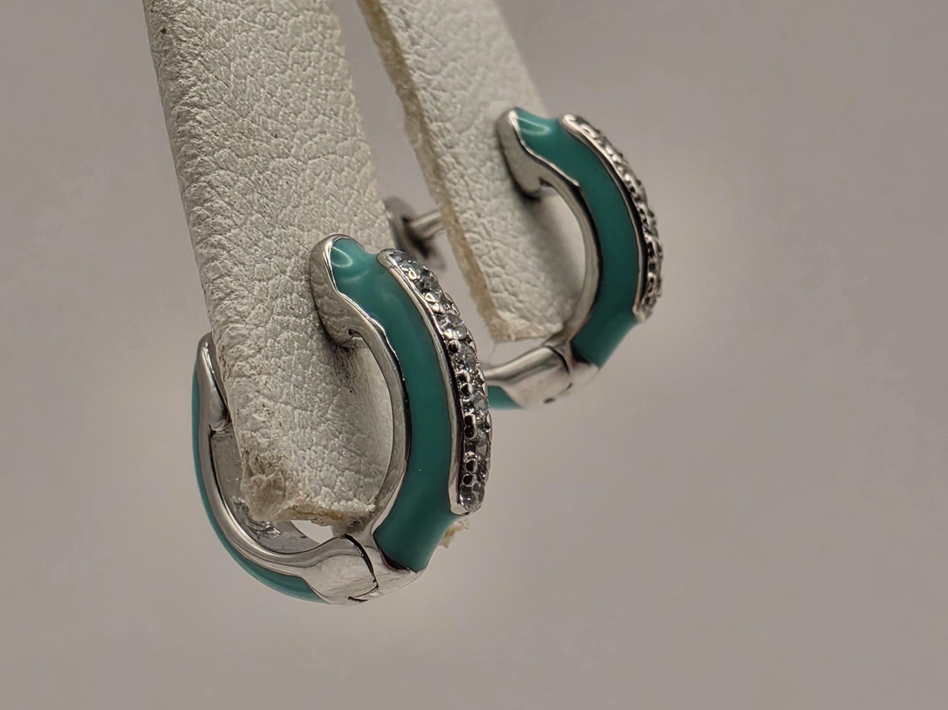 Turquoise Enamel CZ Huggie Hoop Earrings 925 Sterling Silver 13mm Small Colorful Sparkle Gift for Her