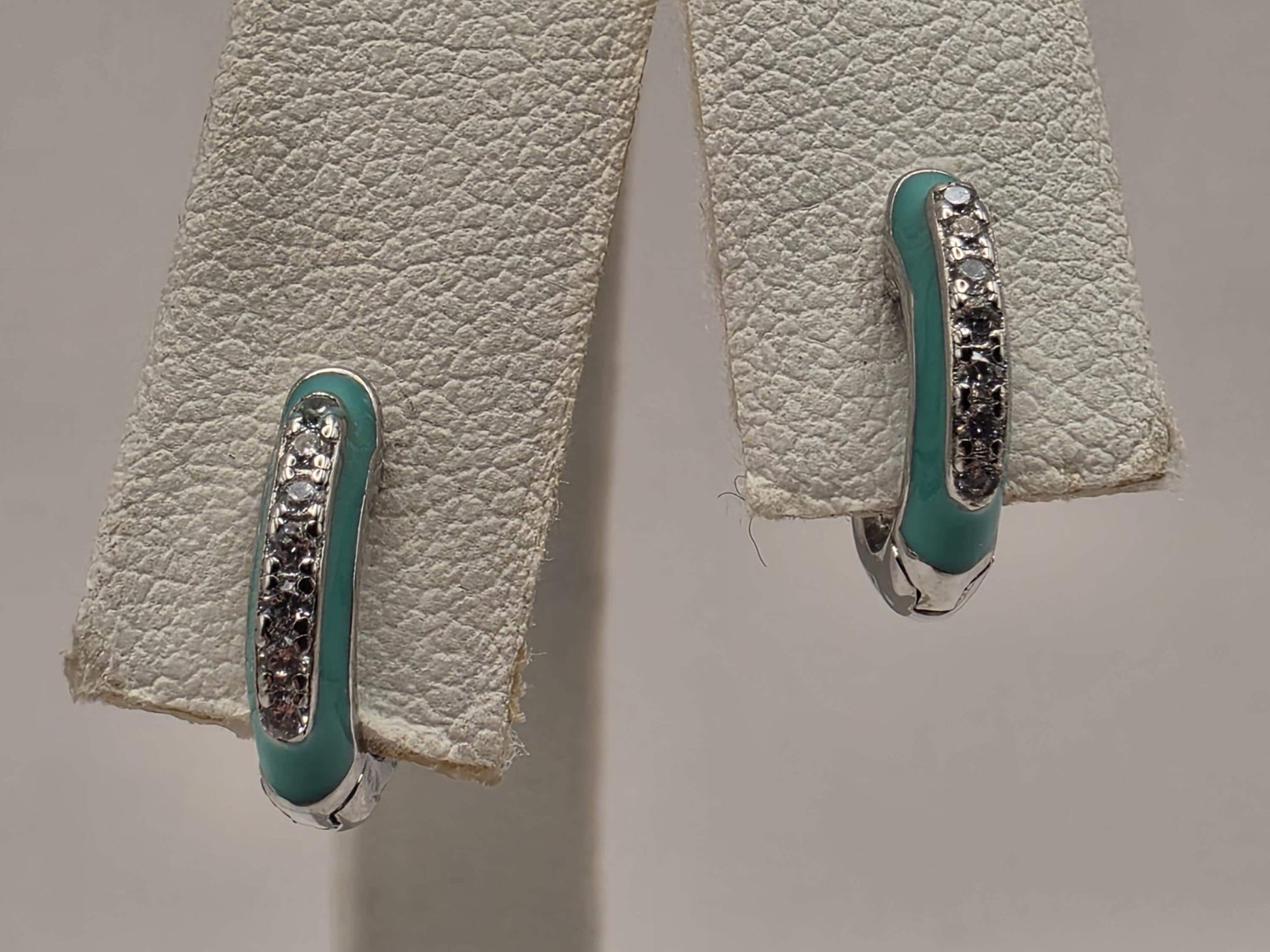 Turquoise Enamel CZ Huggie Hoop Earrings 925 Sterling Silver 13mm Small Colorful Sparkle Gift for Her