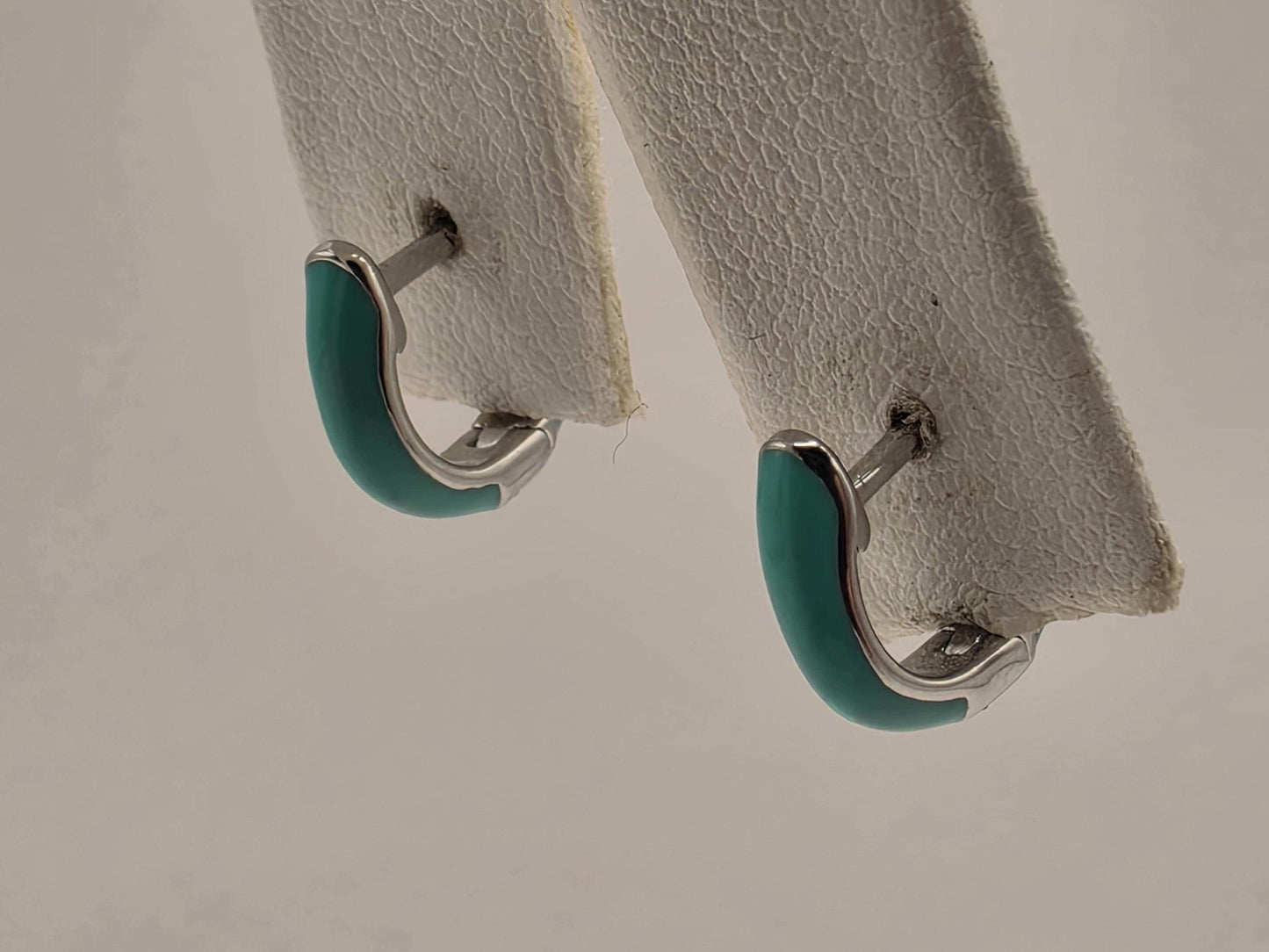Turquoise Enamel CZ Huggie Hoop Earrings 925 Sterling Silver 13mm Small Colorful Sparkle Gift for Her