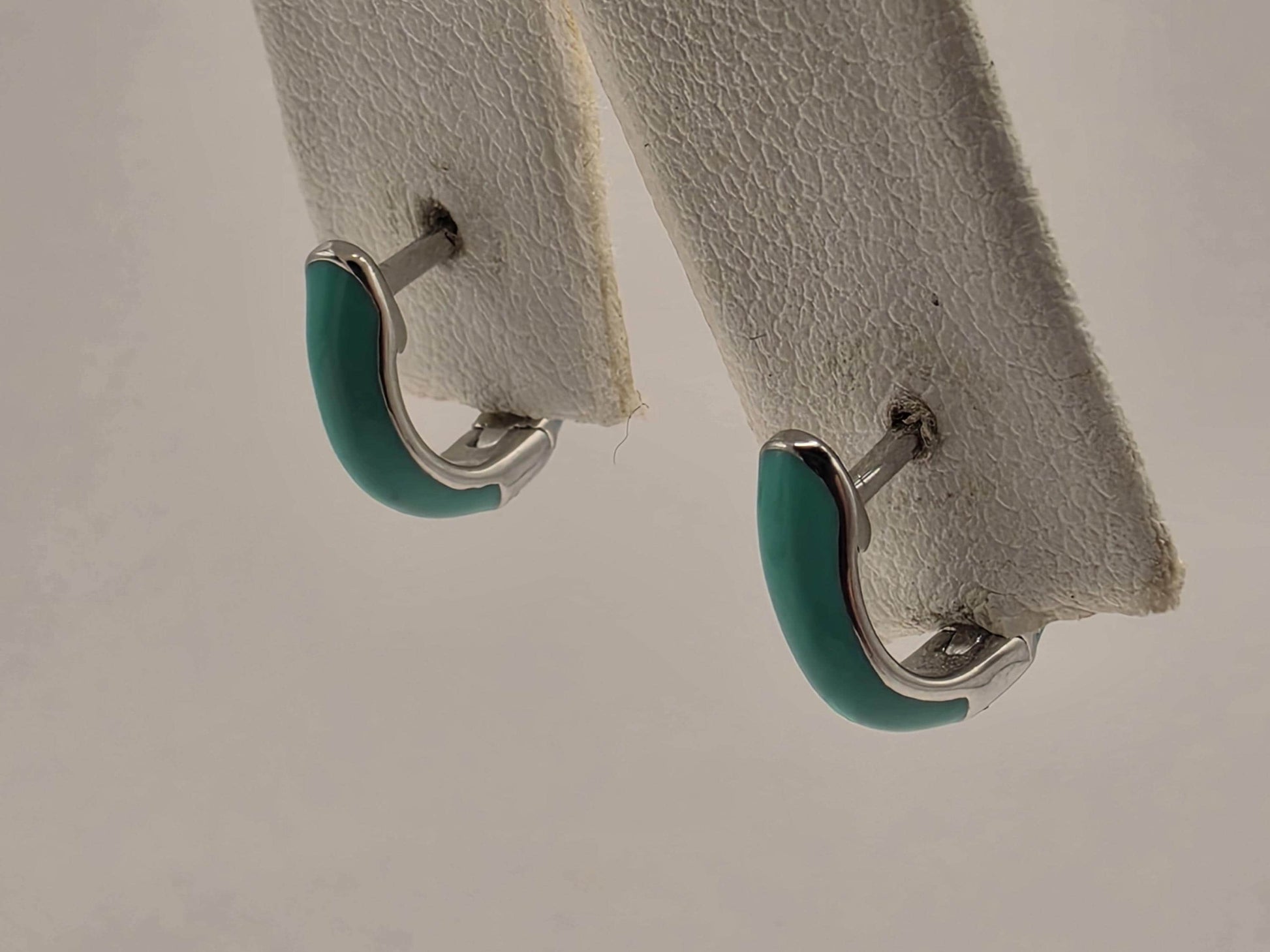 Turquoise Enamel CZ Huggie Hoop Earrings 925 Sterling Silver 13mm Small Colorful Sparkle Gift for Her