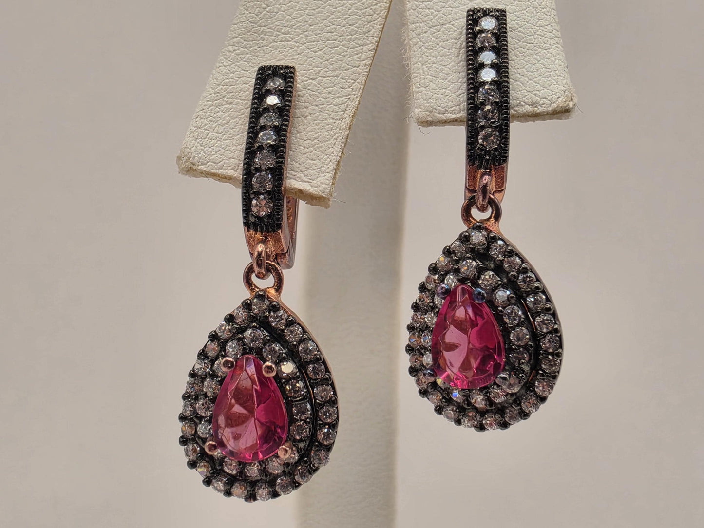 Rose Gold Plated Sterling Silver Lab Created Ruby CZ Drop Earrings 28mm Pear Double Halo Dangle July Birthstone Gift
