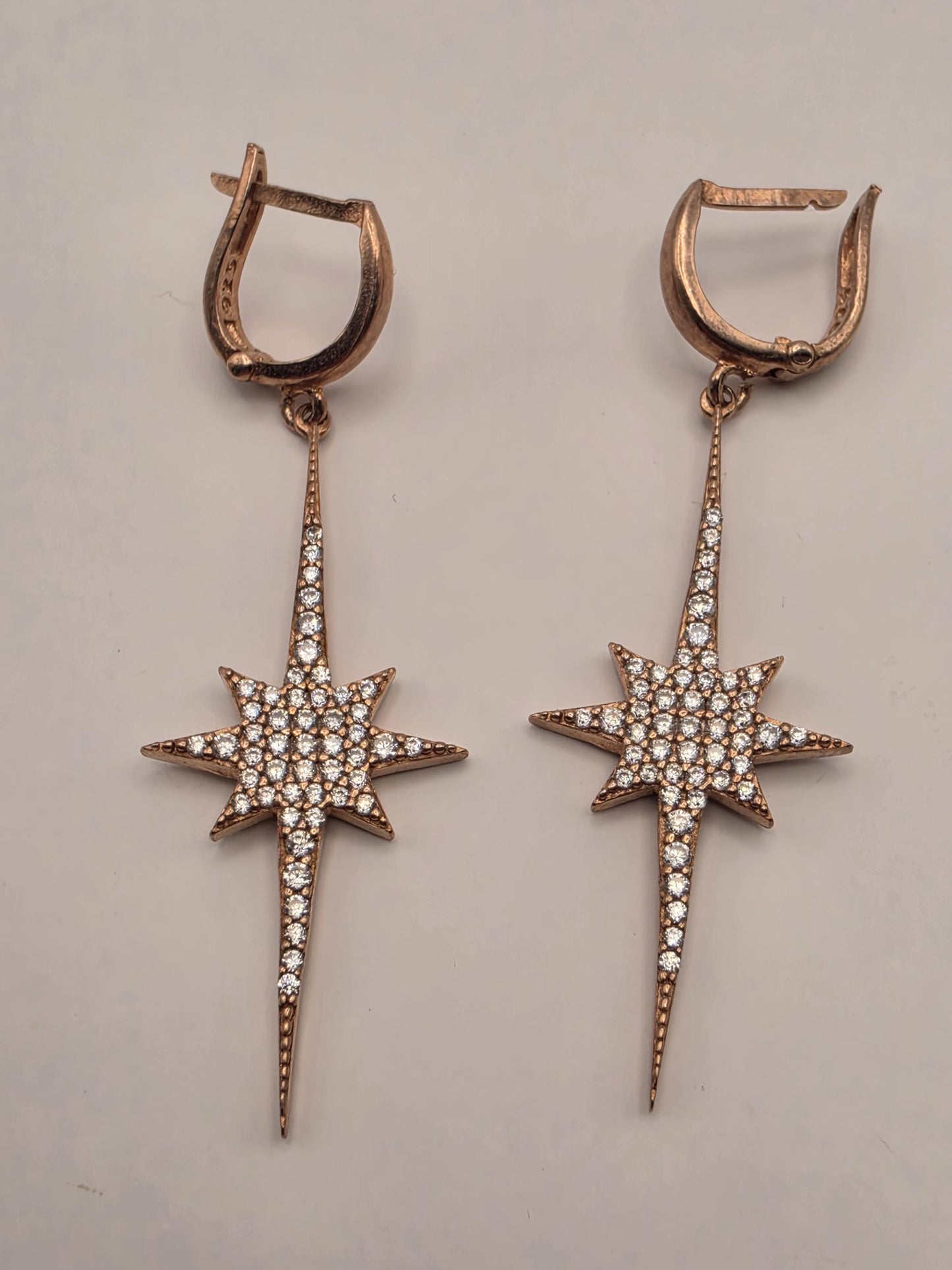 Rose Gold Plated Sterling Silver CZ Starburst Drop Earrings 58mm Celestial Pave Dangle Statement Gift for Her