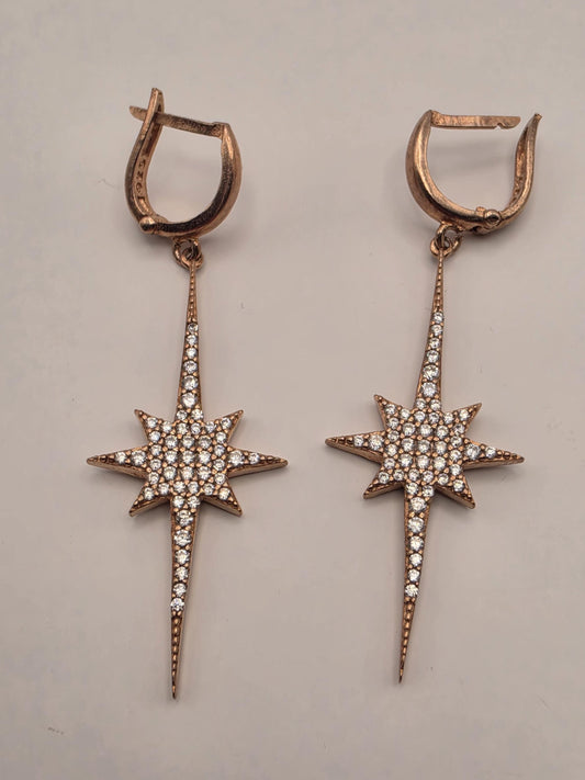 Rose Gold Plated Sterling Silver CZ Starburst Drop Earrings 58mm Celestial Pave Dangle Statement Gift for Her