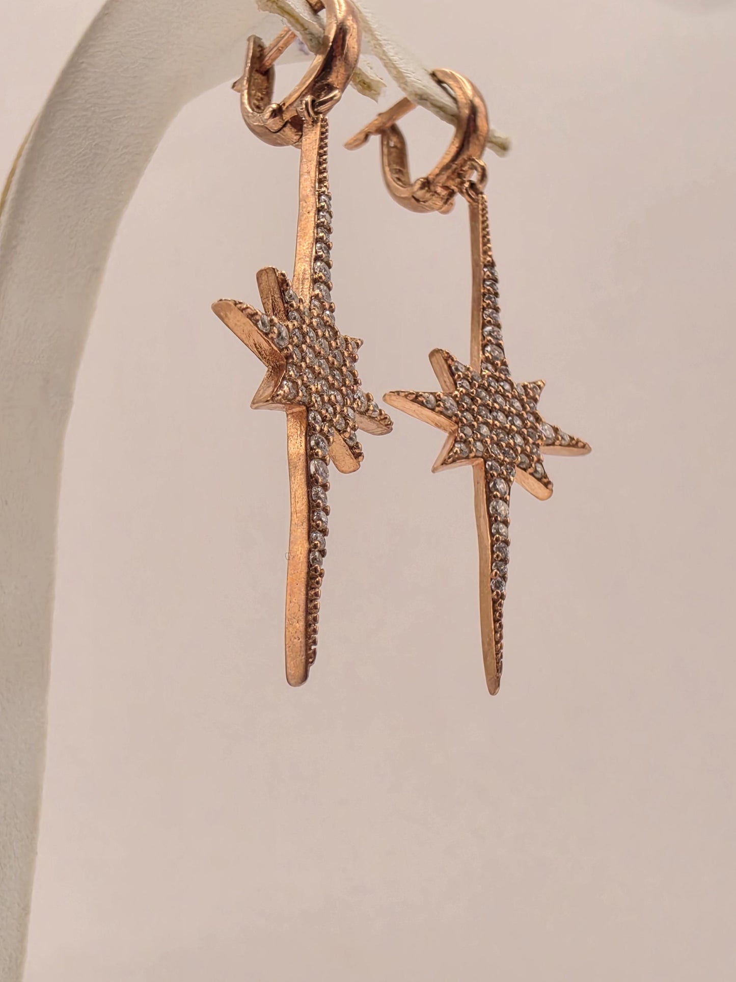 Rose Gold Plated Sterling Silver CZ Starburst Drop Earrings 58mm Celestial Pave Dangle Statement Gift for Her