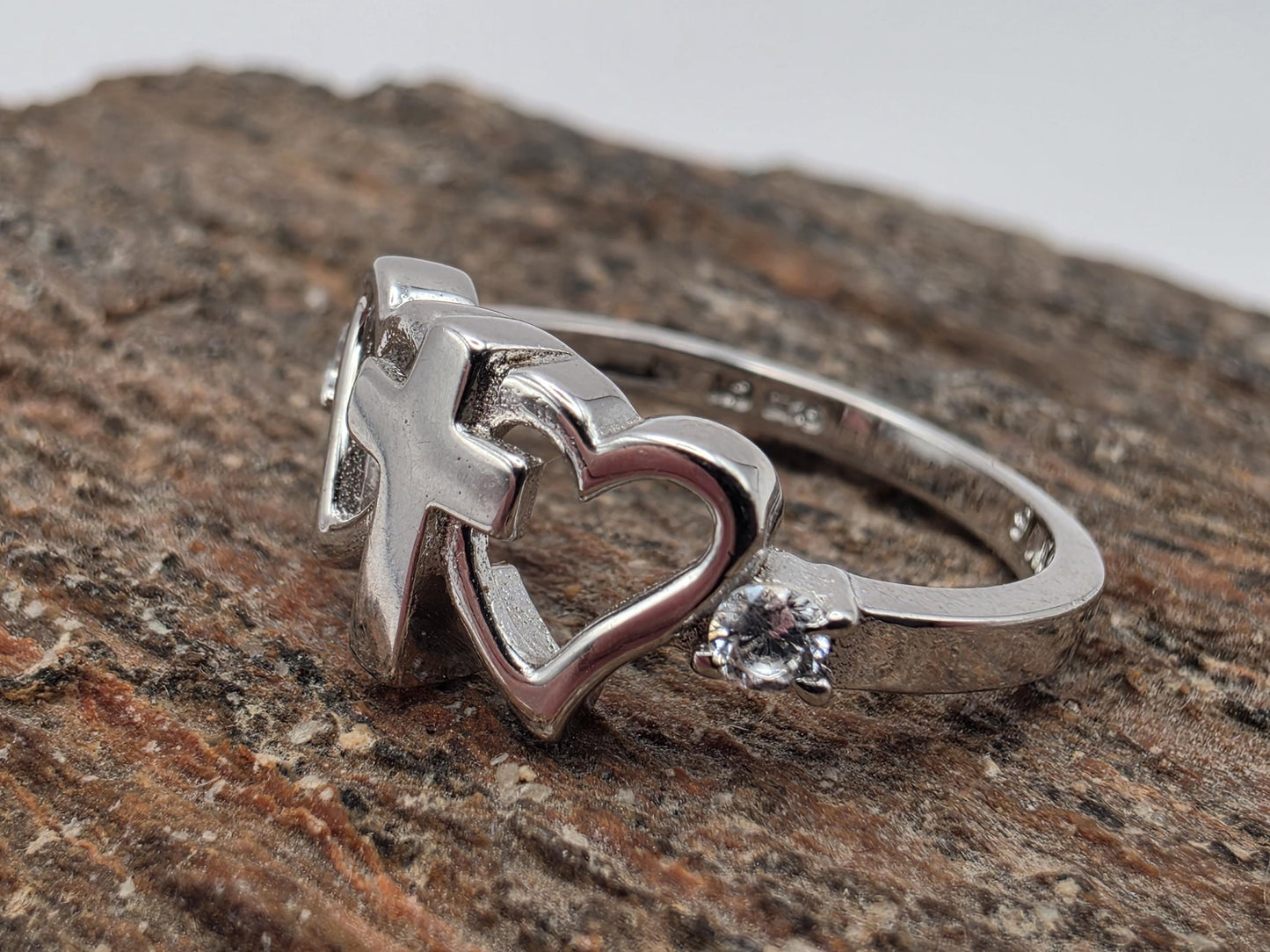 Sterling Silver Cross and Heart Ring Size 6 CZ Accent Christian Faith Love Symbol 2.2 Grams Gift for Her