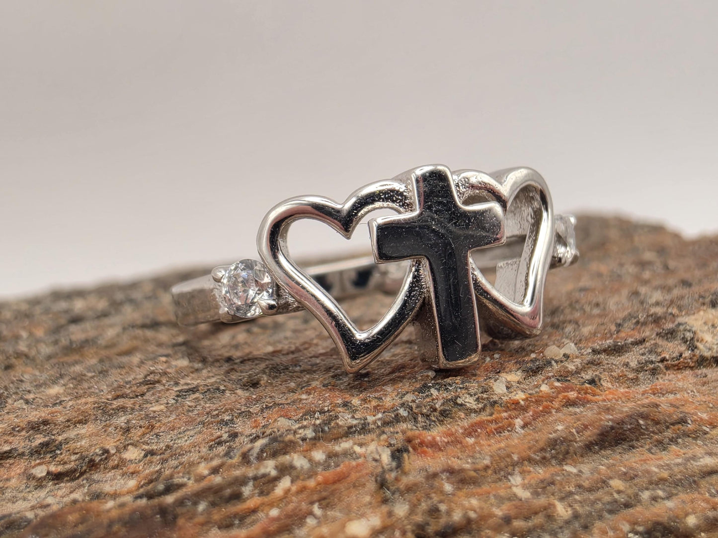 Sterling Silver Cross and Heart Ring Size 6 CZ Accent Christian Faith Love Symbol 2.2 Grams Gift for Her
