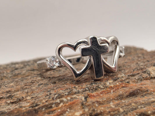Sterling Silver Cross and Heart Ring Size 6 CZ Accent Christian Faith Love Symbol 2.2 Grams Gift for Her