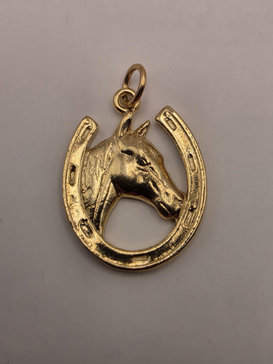 Gold Plated Sterling Silver Horse Head Horseshoe Pendant 21mm Equestrian Lucky Charm Gift for Horse Lover