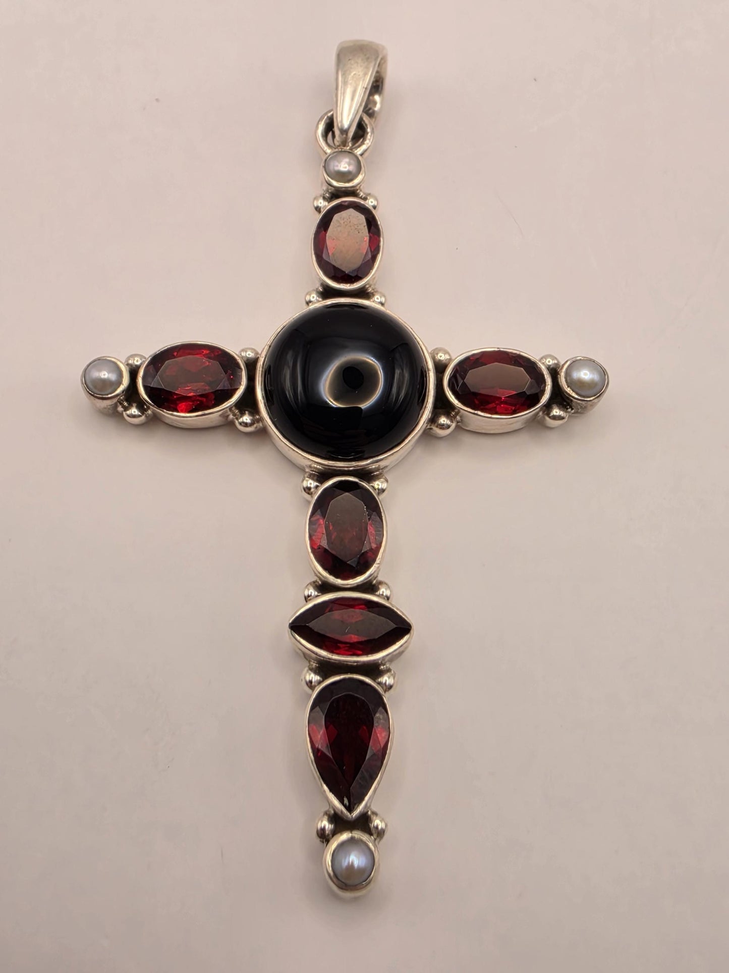 Genuine Carnelian Black Onyx Cross Pendant 925 Sterling Silver Mother of Pearl 2 Inch Bali Gemstone Religious Jewelry Gift