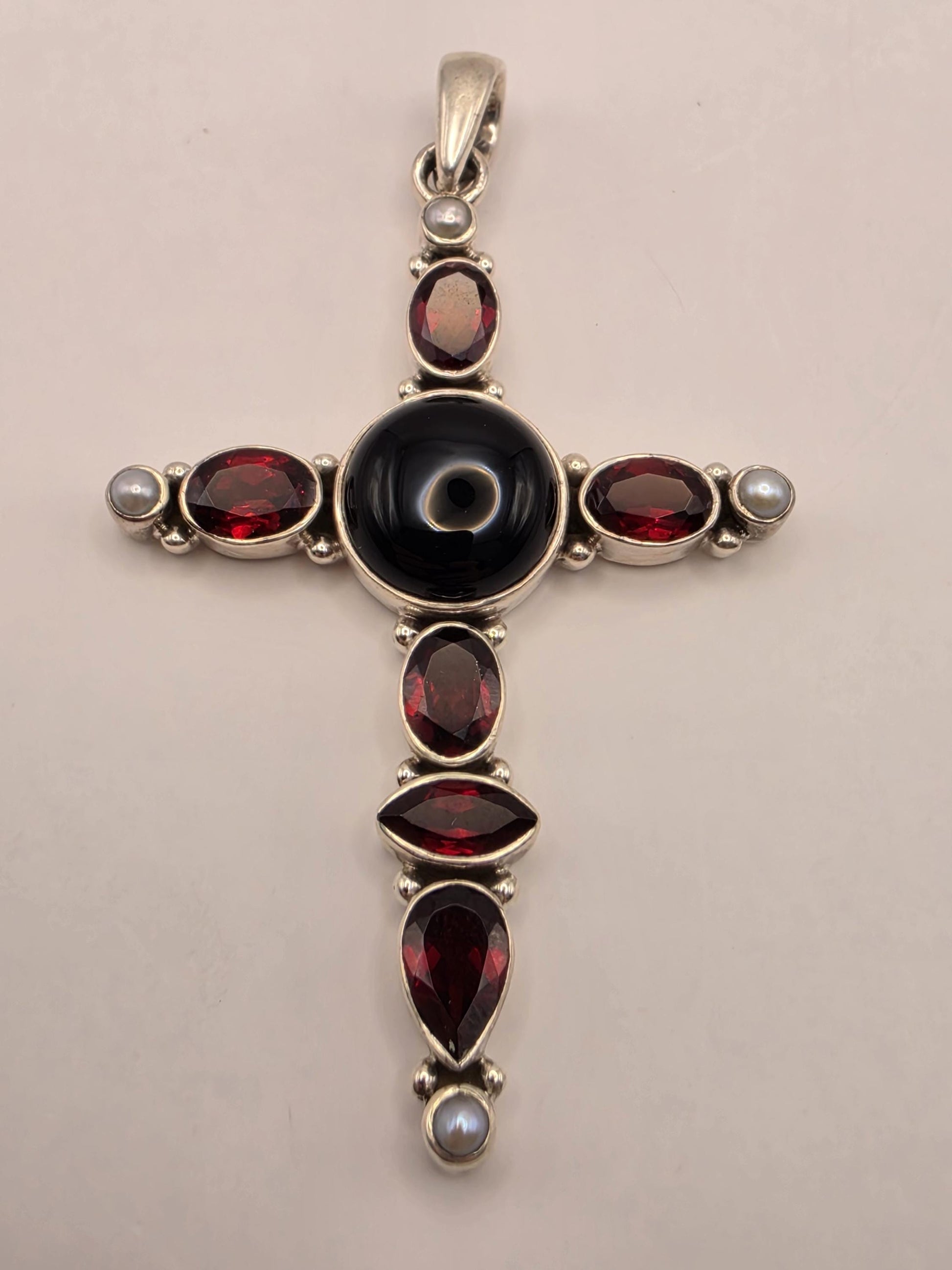 Genuine Carnelian Black Onyx Cross Pendant 925 Sterling Silver Mother of Pearl 2 Inch Bali Gemstone Religious Jewelry Gift