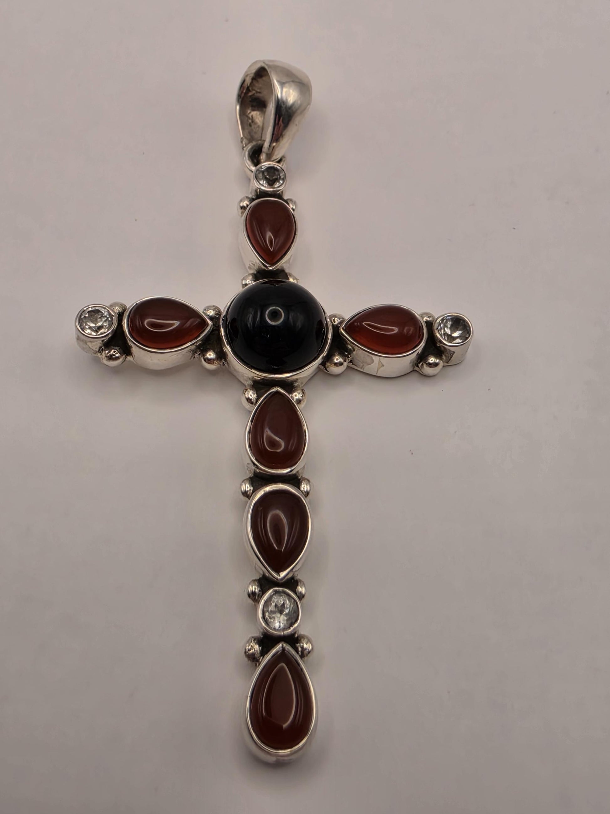 Genuine Carnelian Black Onyx Cross Pendant 925 Sterling Silver CZ Accent 2 Inch Bali Gemstone Religious Jewelry Gift