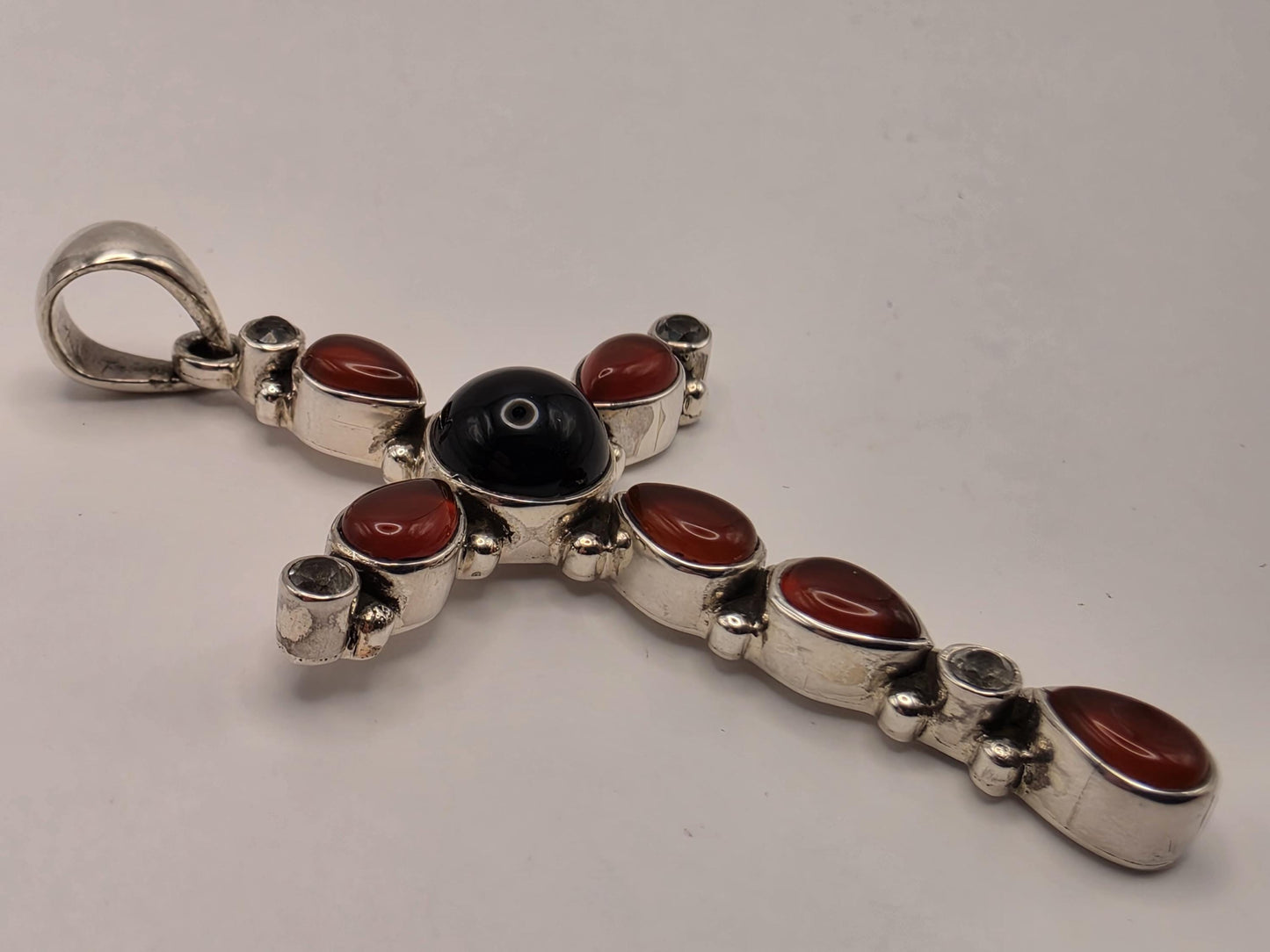 Genuine Carnelian Black Onyx Cross Pendant 925 Sterling Silver CZ Accent 2 Inch Bali Gemstone Religious Jewelry Gift
