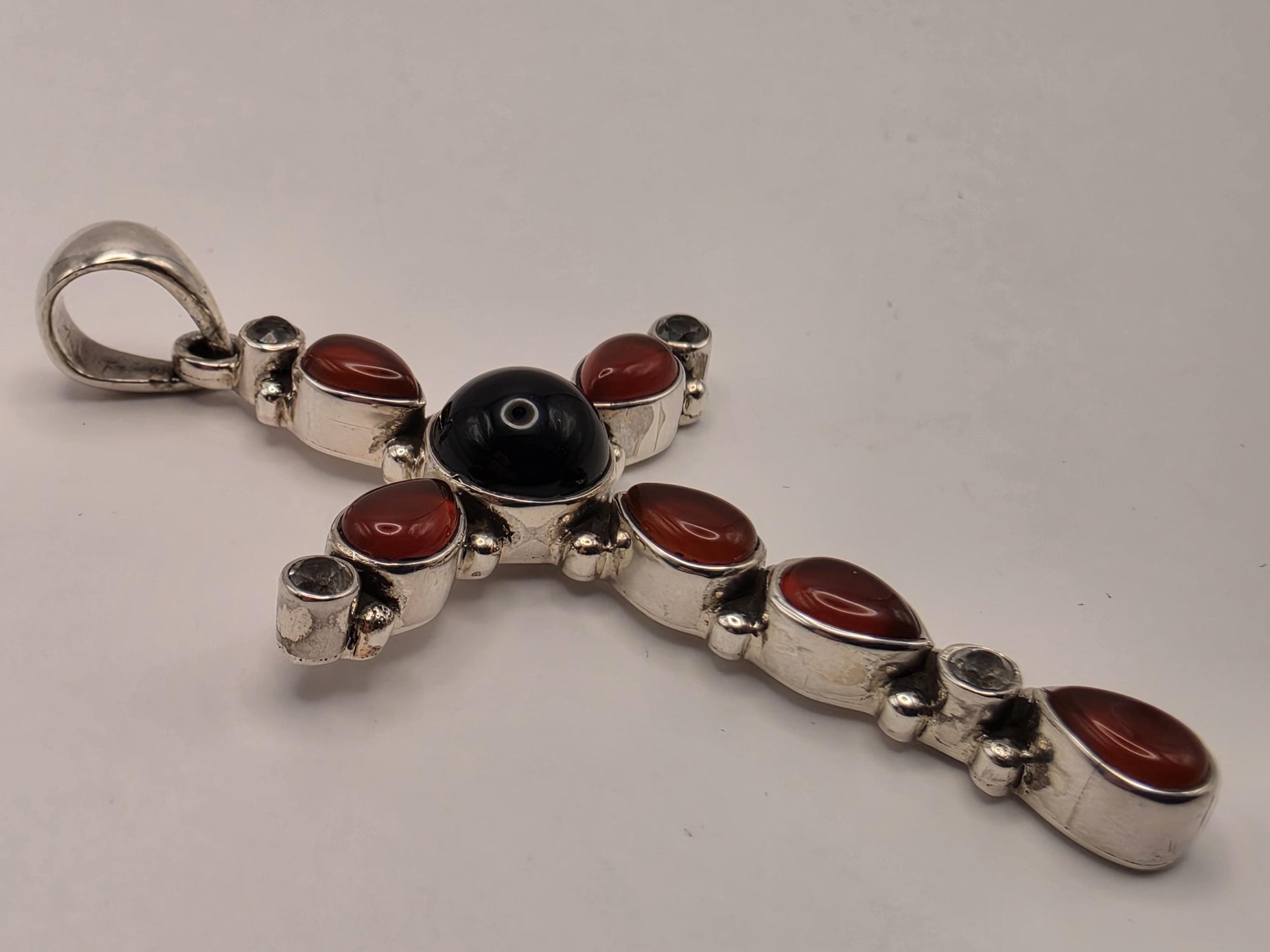 Genuine Carnelian Black Onyx Cross Pendant 925 Sterling Silver CZ Accent 2 Inch Bali Gemstone Religious Jewelry Gift