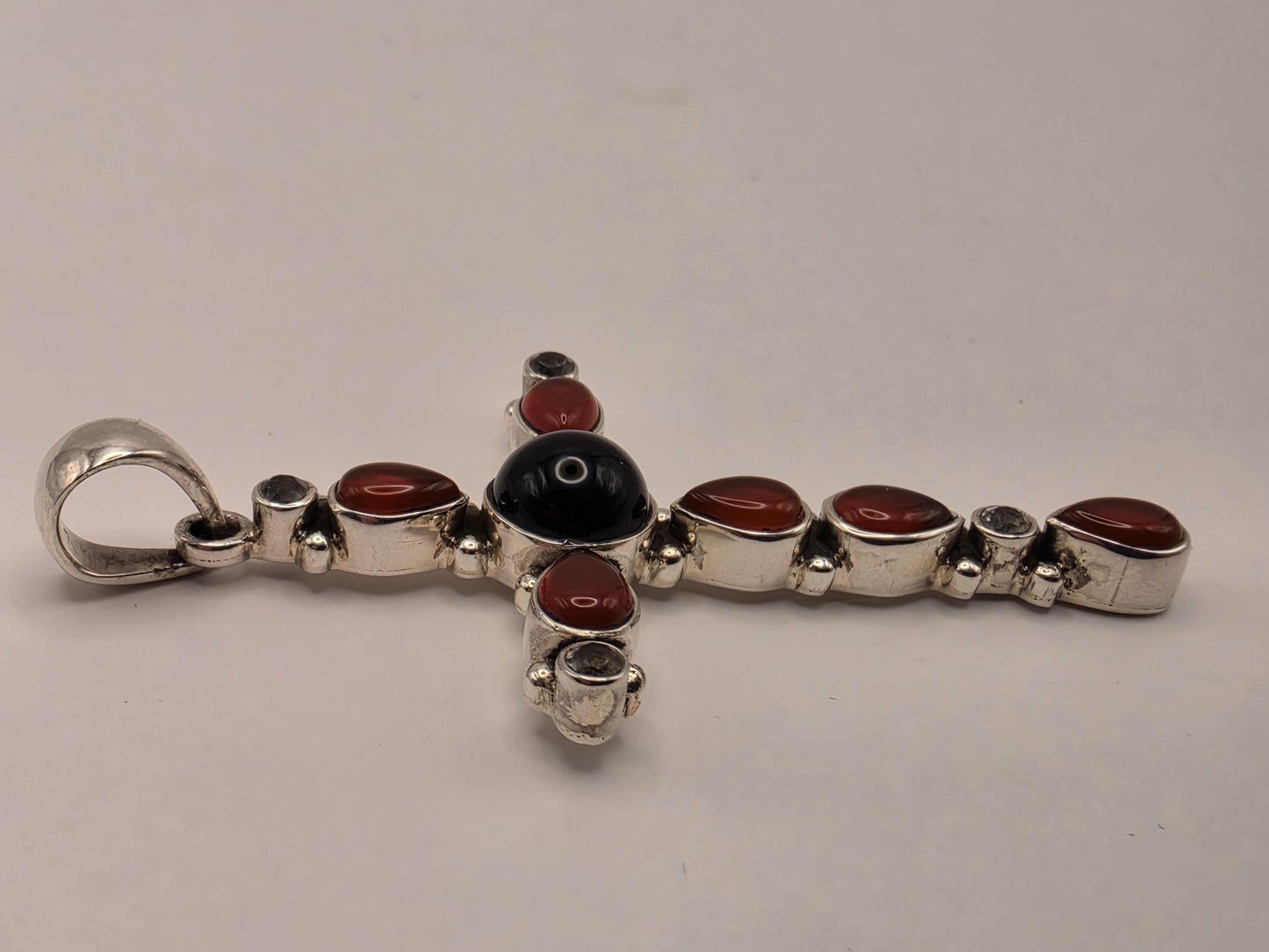 Genuine Carnelian Black Onyx Cross Pendant 925 Sterling Silver CZ Accent 2 Inch Bali Gemstone Religious Jewelry Gift