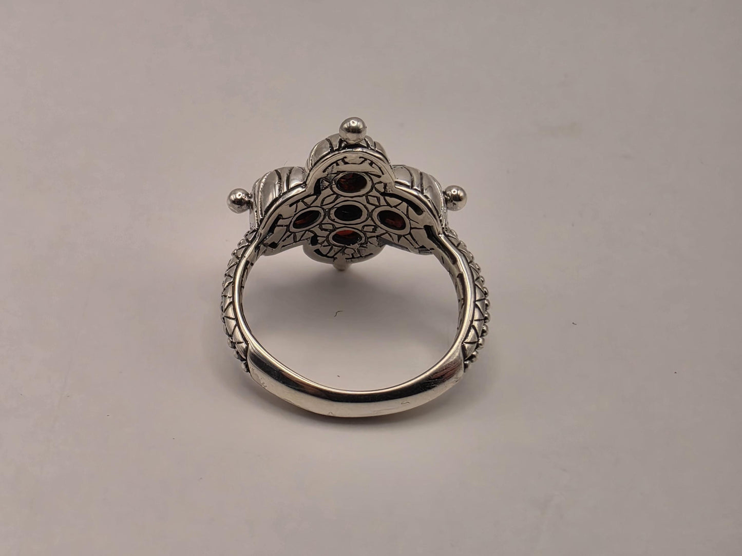 Genuine Garnet Flower Ring 925 Sterling Silver Size 8 Five Stone Floral Cluster January Birthstone Bali Statement Gift