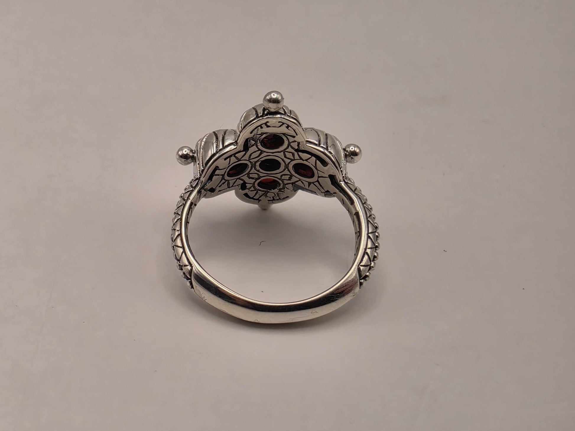 Genuine Garnet Flower Ring 925 Sterling Silver Size 8 Five Stone Floral Cluster January Birthstone Bali Statement Gift