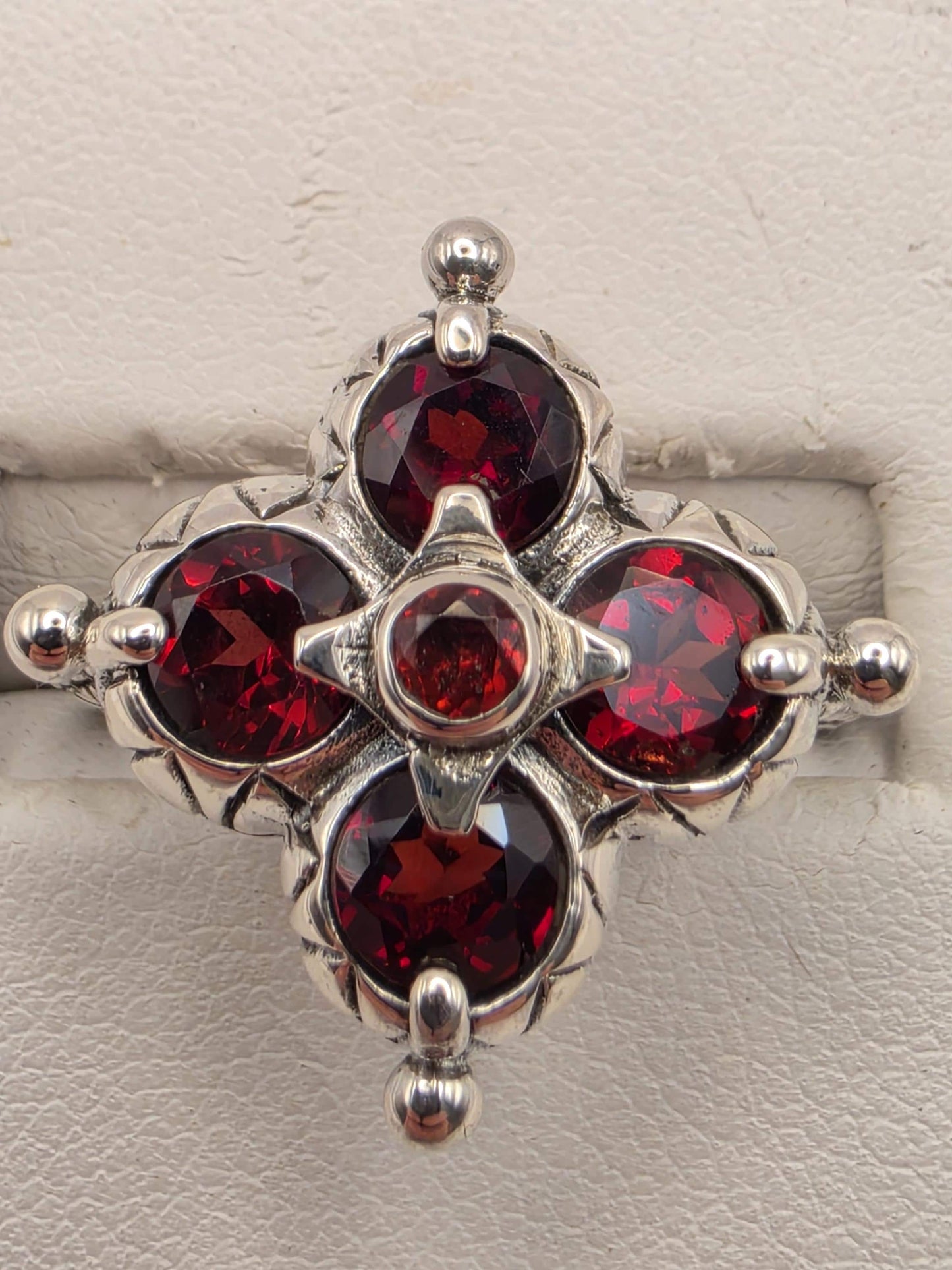 Genuine Garnet Flower Ring 925 Sterling Silver Size 8 Five Stone Floral Cluster January Birthstone Bali Statement Gift