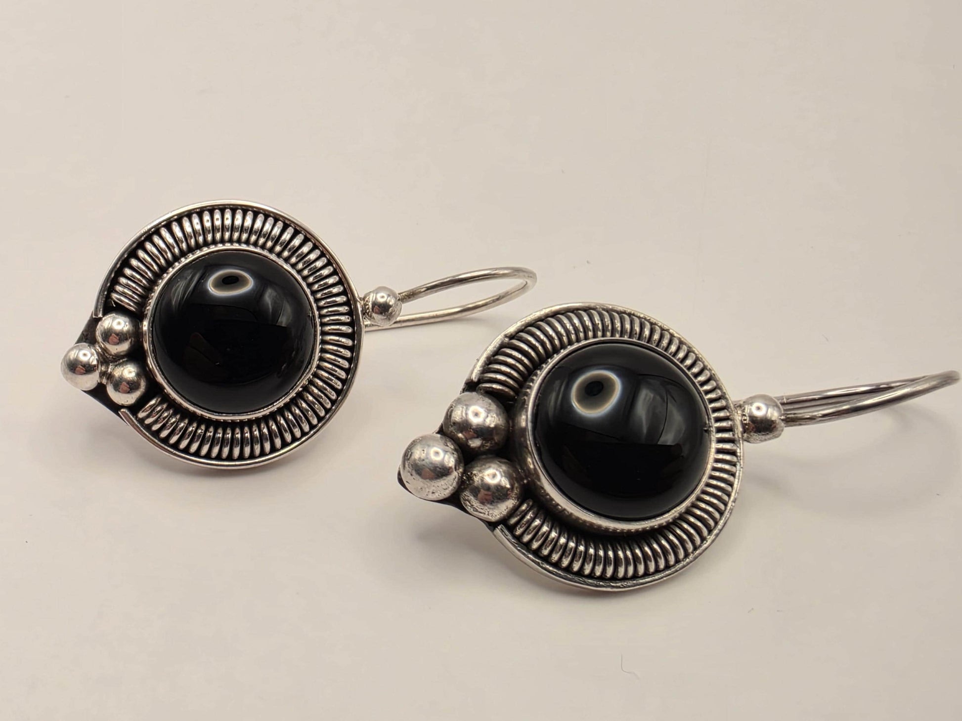Genuine Black Onyx Drop Earrings 925 Sterling Silver Bali Rope Bead 7/8 Inch Round Cabochon Statement Gift for Her