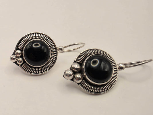 Genuine Black Onyx Drop Earrings 925 Sterling Silver Bali Rope Bead 7/8 Inch Round Cabochon Statement Gift for Her