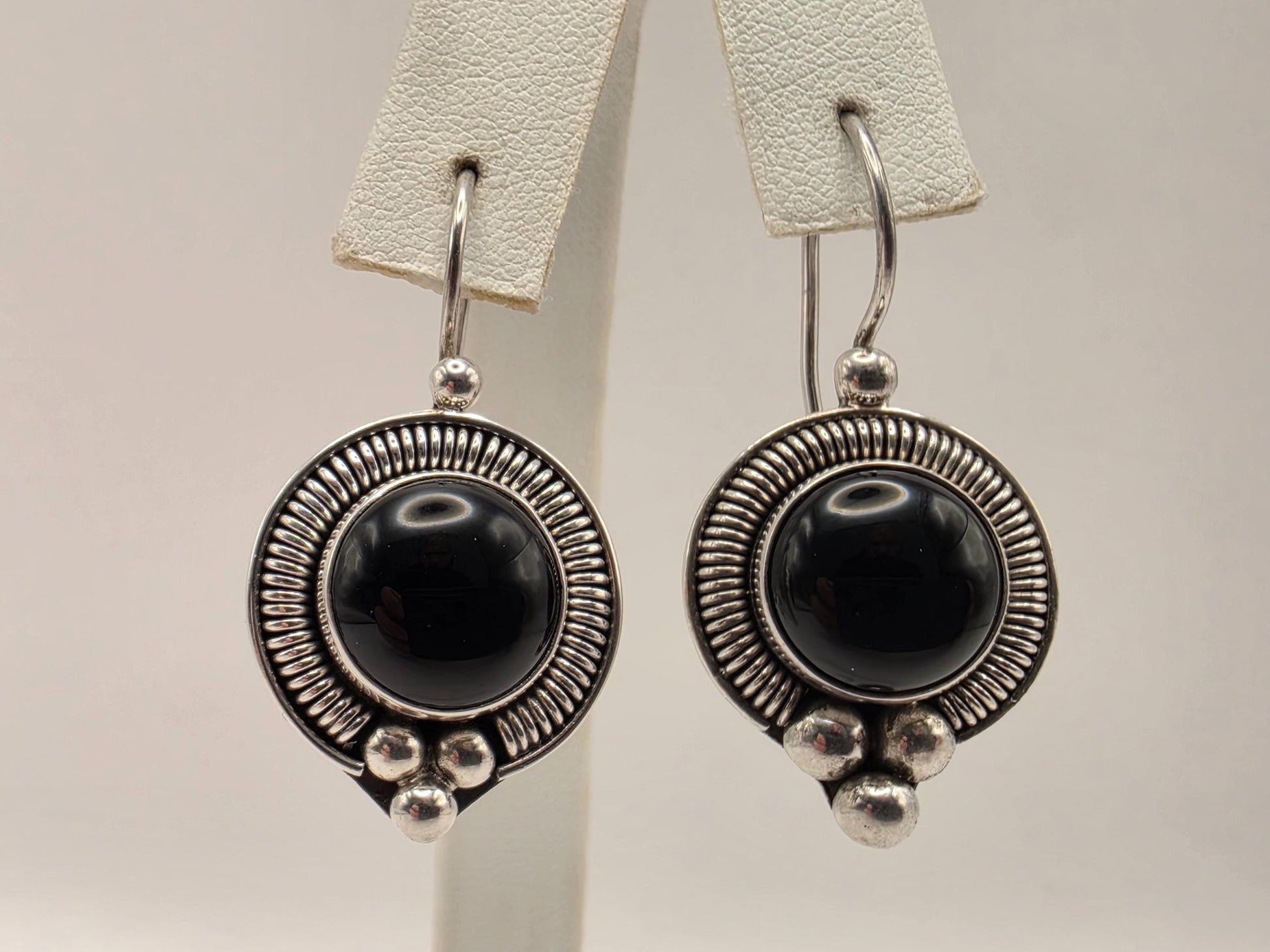 Genuine Black Onyx Drop Earrings 925 Sterling Silver Bali Rope Bead 7/8 Inch Round Cabochon Statement Gift for Her