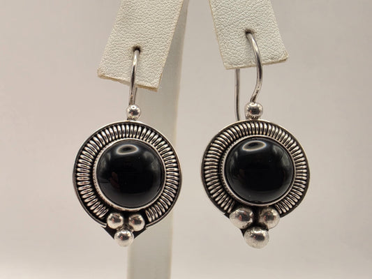 Genuine Black Onyx Drop Earrings 925 Sterling Silver Bali Rope Bead 7/8 Inch Round Cabochon Statement Gift for Her
