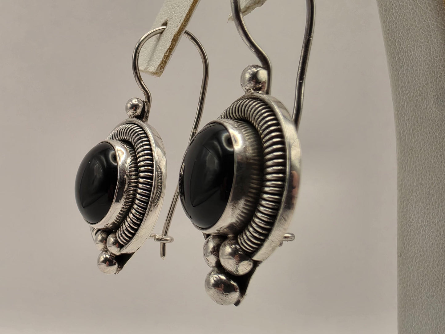 Genuine Black Onyx Drop Earrings 925 Sterling Silver Bali Rope Bead 7/8 Inch Round Cabochon Statement Gift for Her